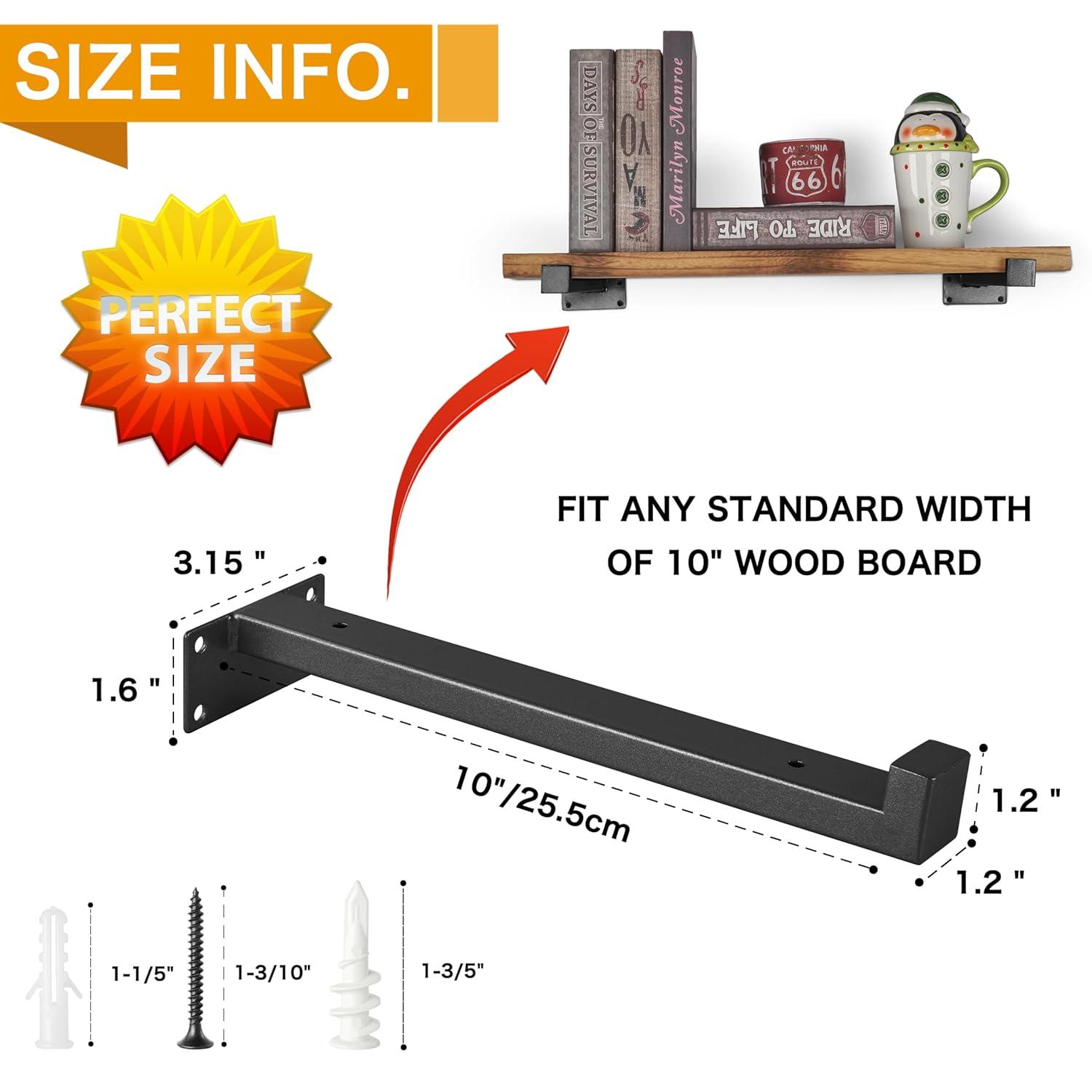 EZYDECOR 6Pcs Floating Shelves Brackets Heavy Duty Wooden Shelf Brackets 10inch Decorative Wall Shelf Brackets & Supports with Lip (Black) 10"