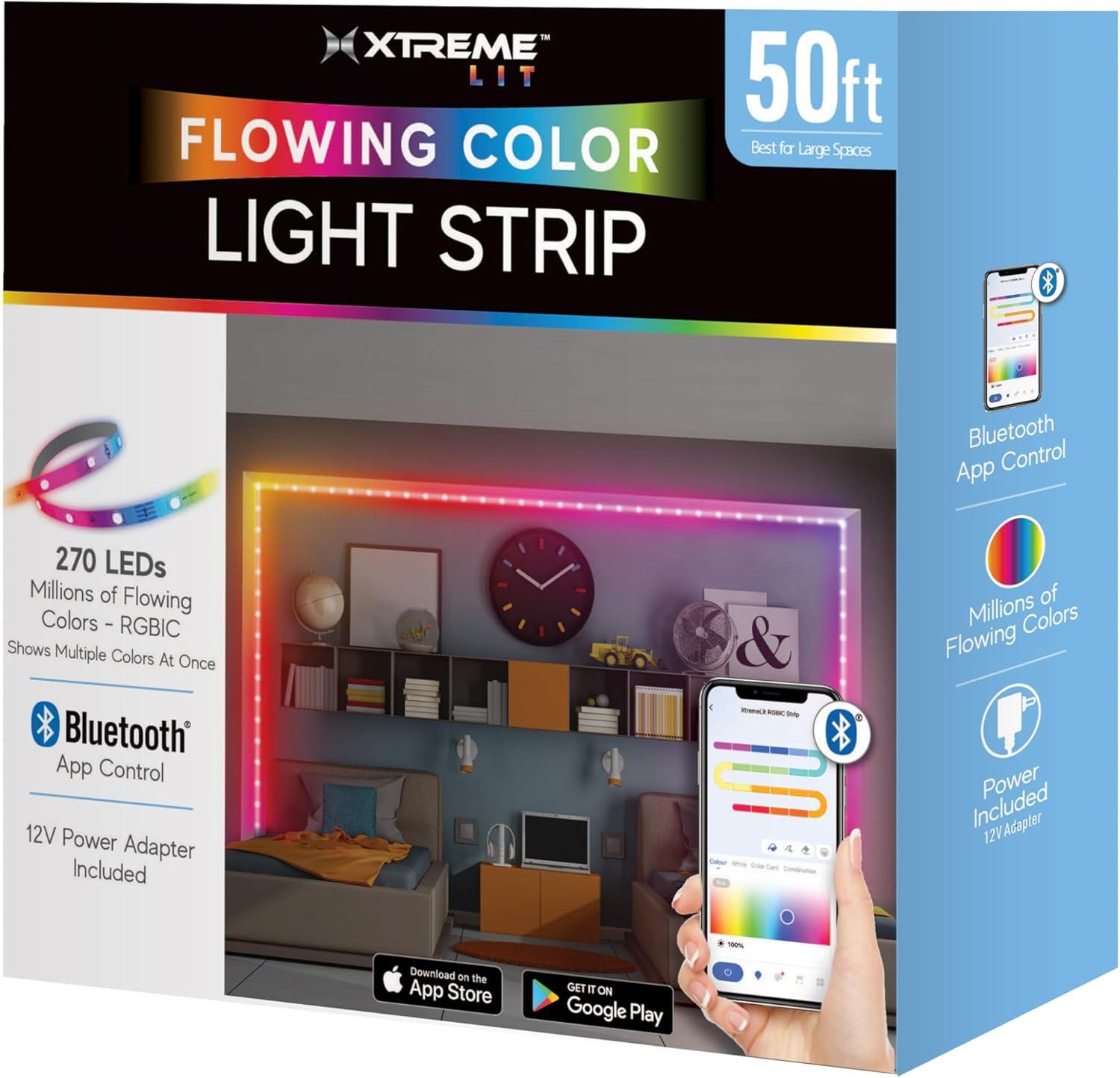 Xtreme Lit 50ft Bluetooth LED Light Strips, Flowing Color Effect, App Use, Indoor, Corded Electric