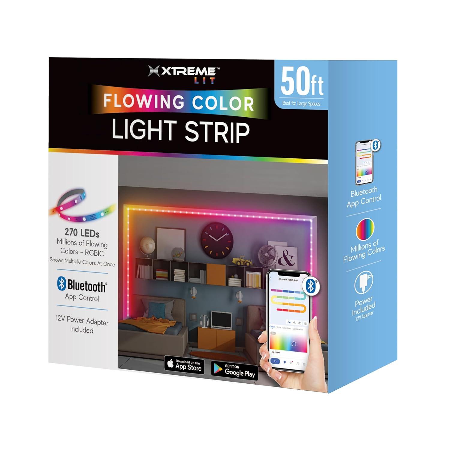 Xtreme Lit 50ft Bluetooth LED Light Strips, Flowing Color Effect, App Use, Indoor, Corded Electric