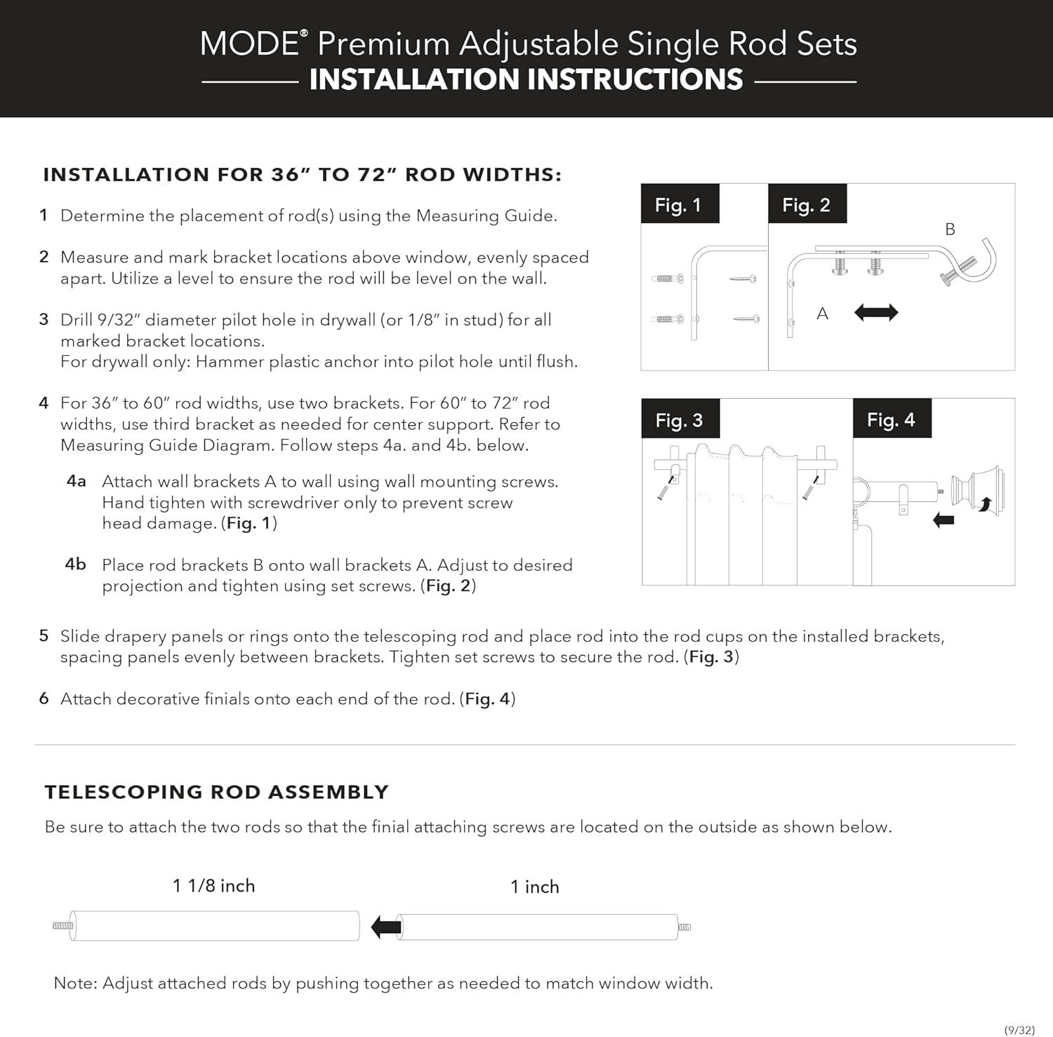 Mode Premium Collection 1 1/8 in Diameter Single Curtain Rod Set with Modern Doorknob Finials