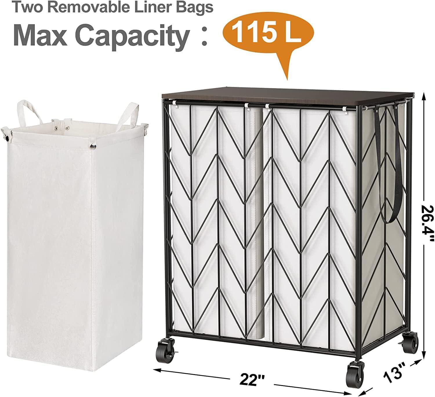 Beige Iron Laundry Hamper with Wood Lid and Wheels