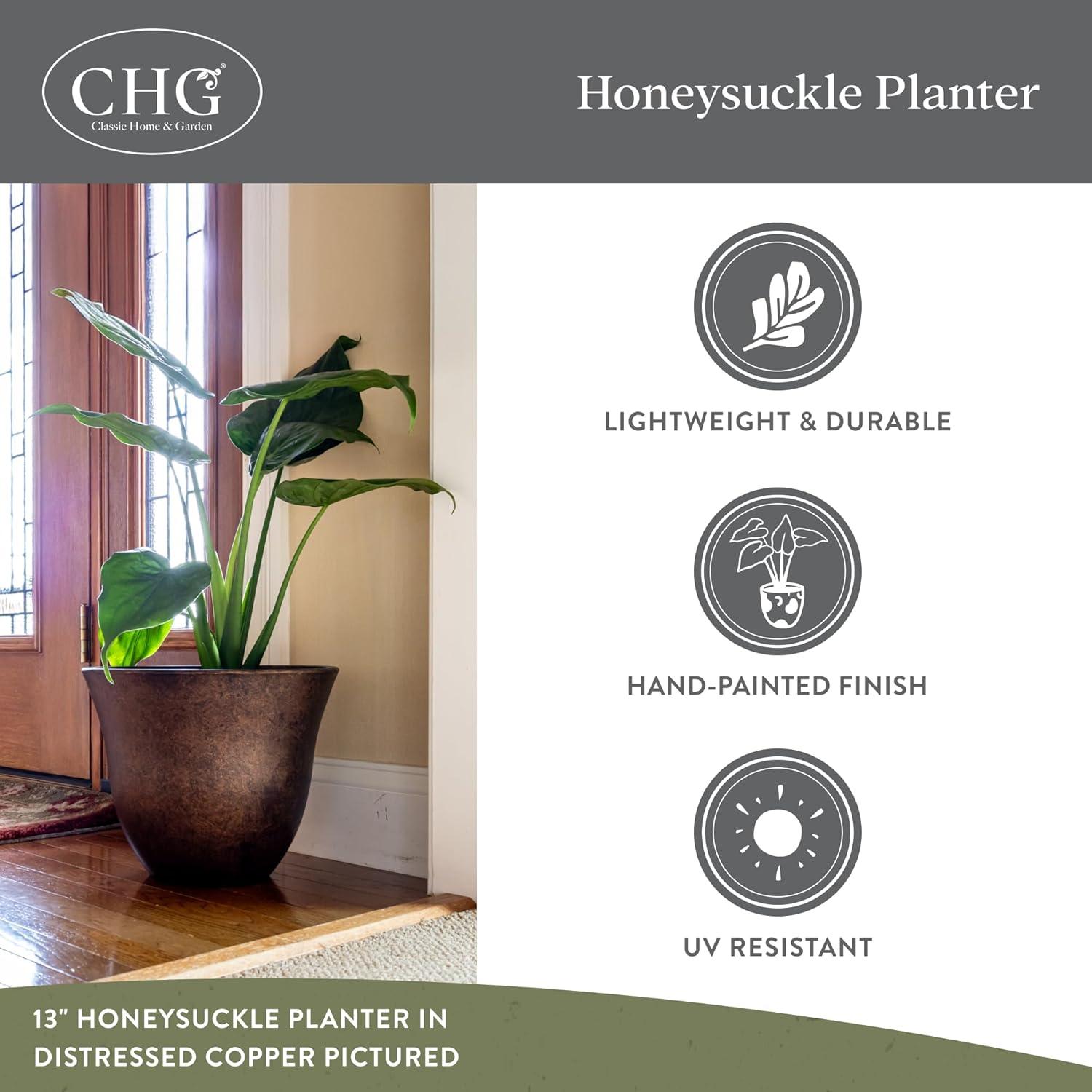 Classic Home and Garden Indoor/Outdoor Round Honeysuckle Resin Flower Pot Planter, Bamboo Brown, 15in