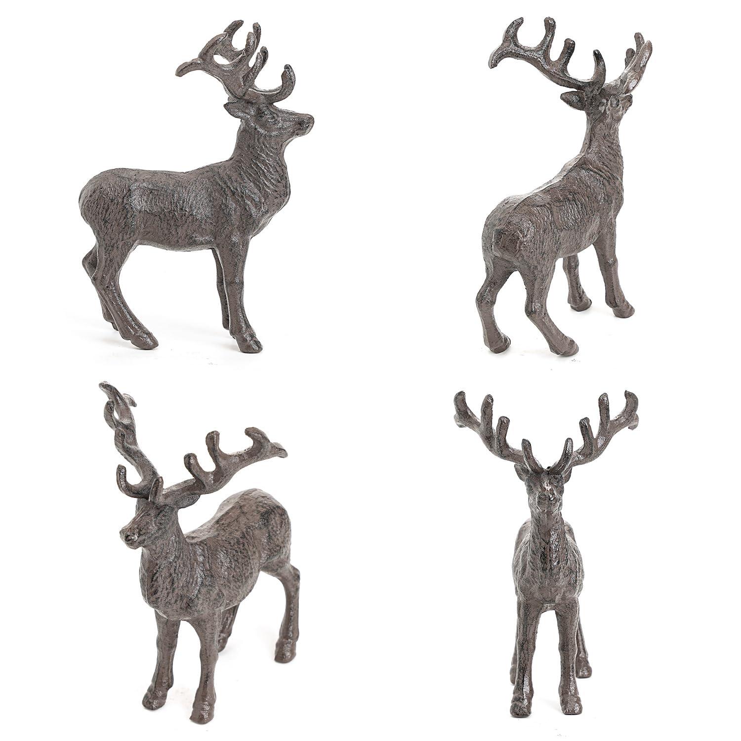 Sungmor Cast Iron Deer Statue, Christmas Reindeer Figurine, Rustic Brown Heavy Standing Elk Vintage Home Decor Sculpture, Indoor Outdoor Shelf Tabletop Holiday Decorations