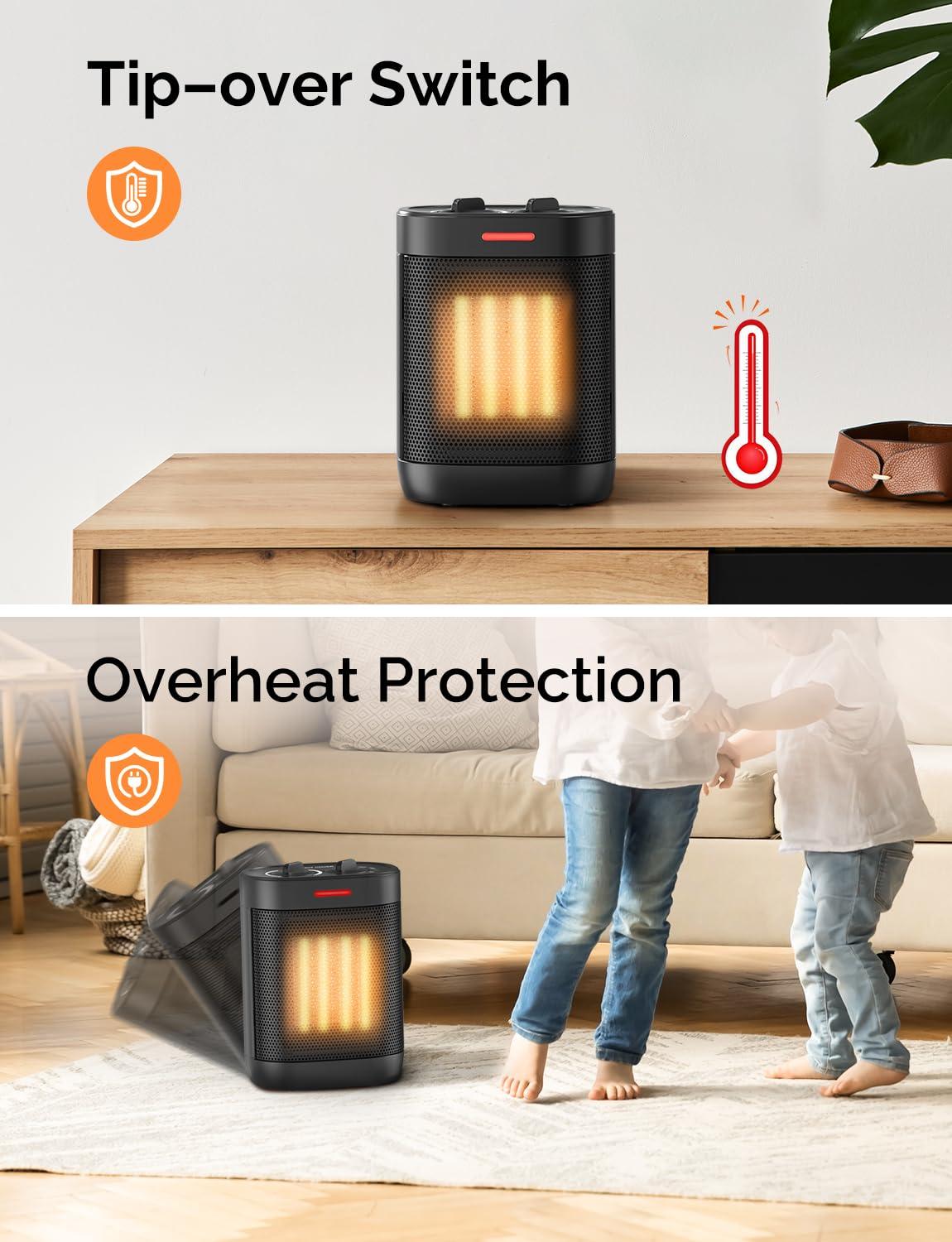 Small Space Heater for Indoor Use, PTC Electric Heater for Bedroom, 1000W Fast Heating with Thermostat, Overheating & Tip-Over Protection, Portable Small Heater