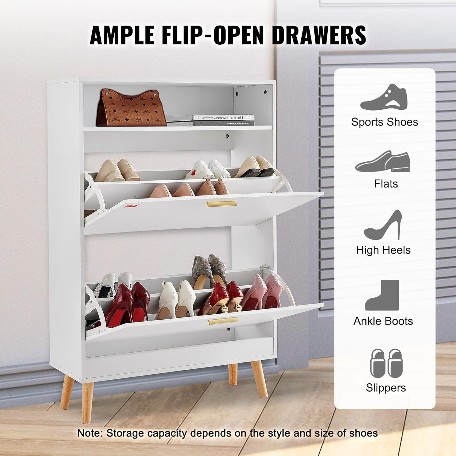 White Wood and Metal Flip Drawer Shoe Cabinet