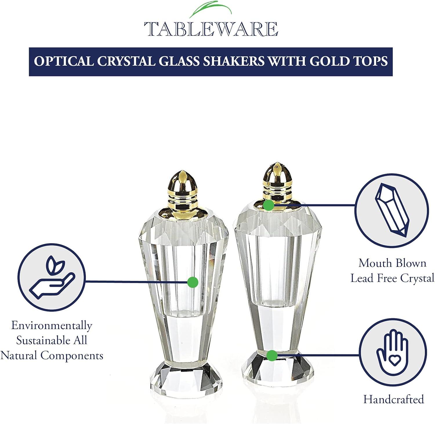 Elegant Hand-Cut Crystal Salt and Pepper Shakers with Gold Tops