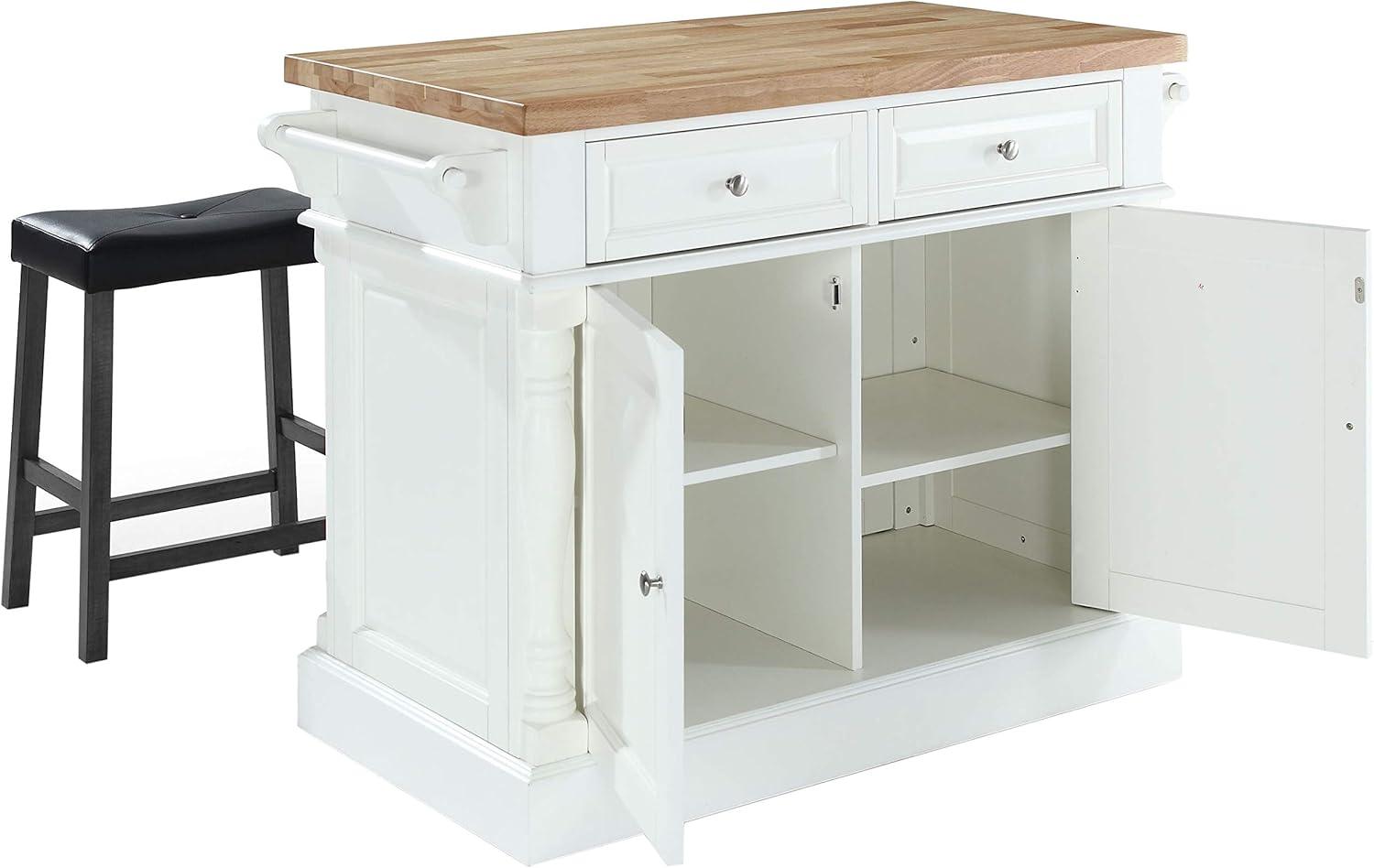 Oxford Kitchen Island with 2 Upholstered Saddle Stools Black - Crosley: Pass-Through Storage, Towel Bars, Wood Veneer