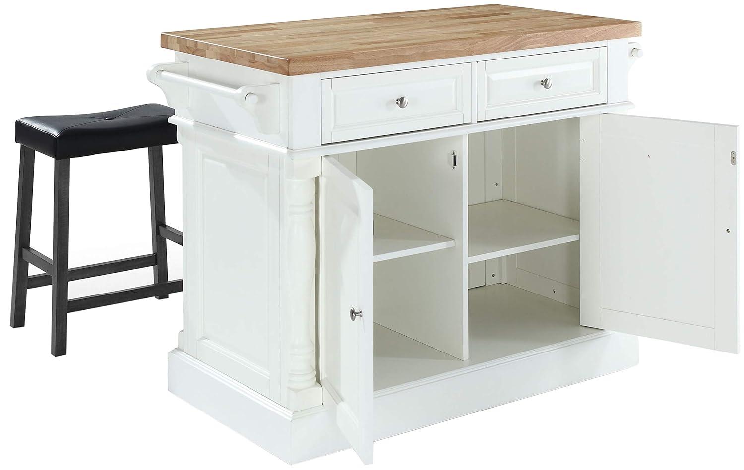 Oxford Kitchen Island with 2 Upholstered Saddle Stools Black - Crosley: Pass-Through Storage, Towel Bars, Wood Veneer