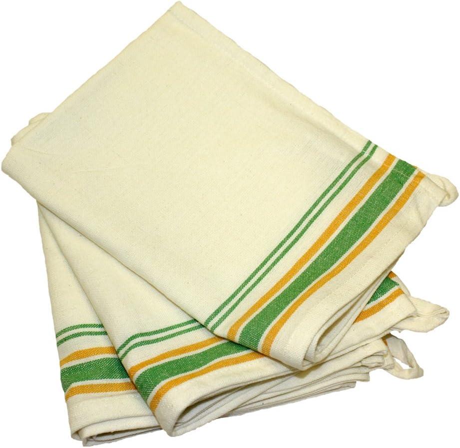 Vintage Green and Yellow Striped Cotton Kitchen Towels Set of 3