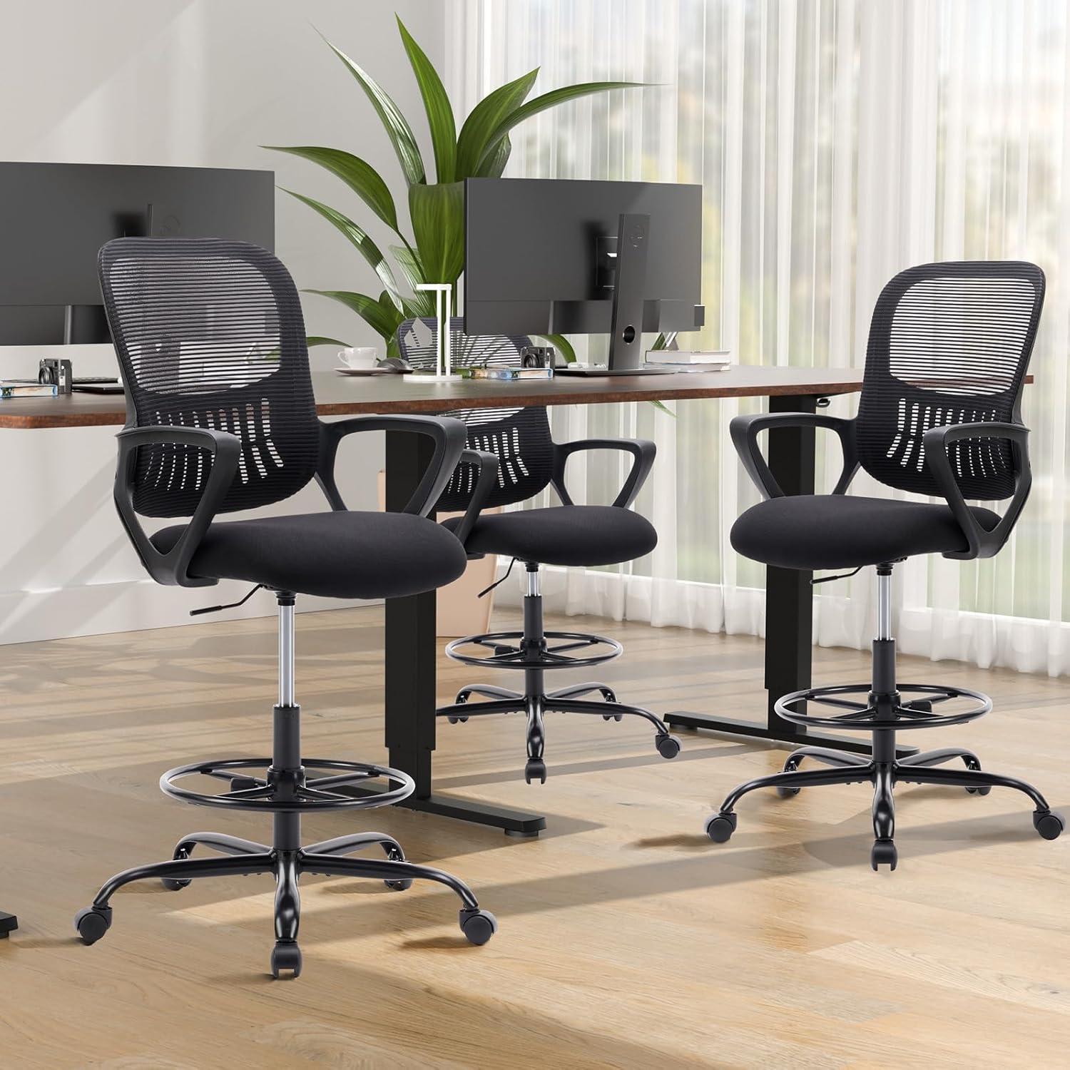 Black Mesh Adjustable Swivel Drafting Chair with Footrest