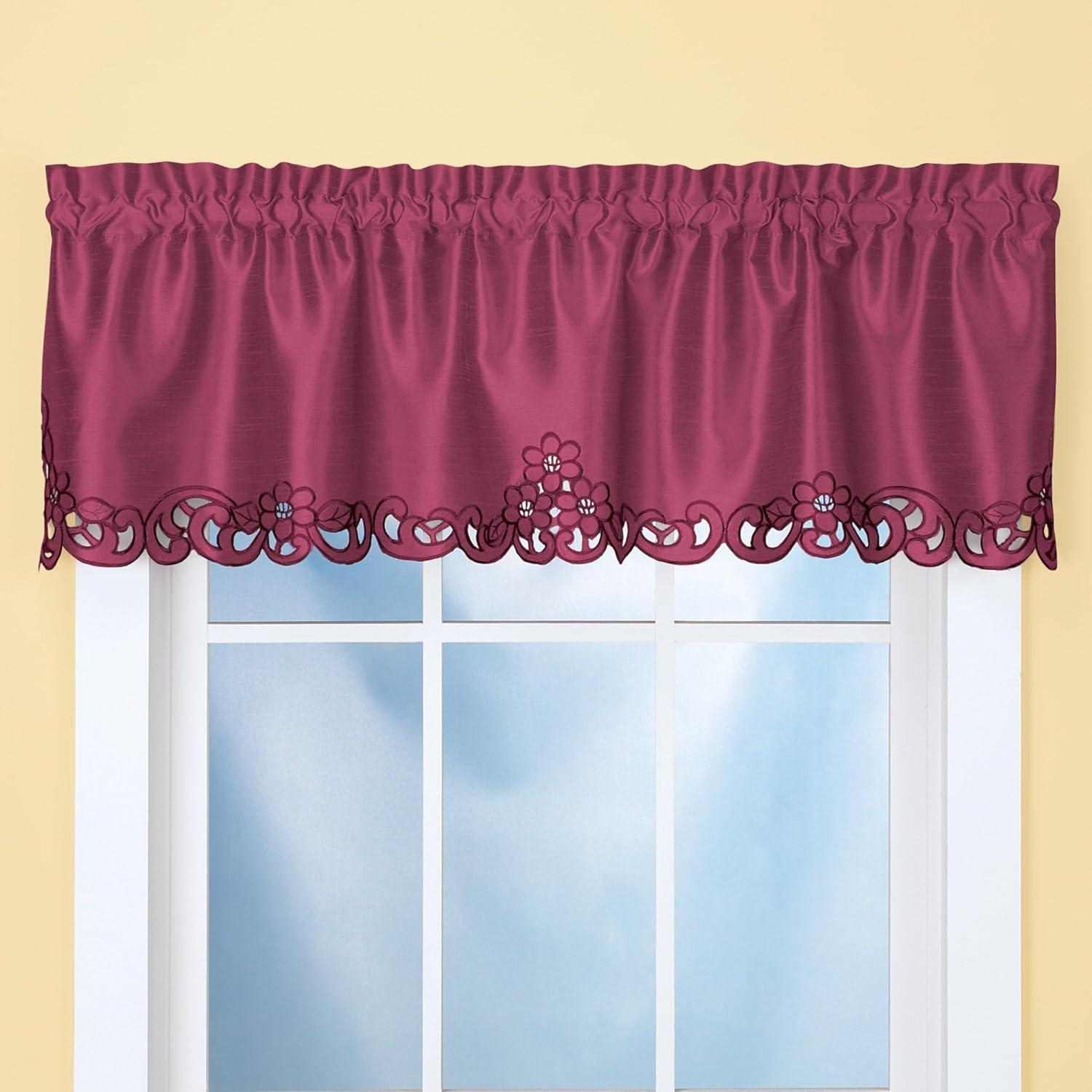 Collections Etc Elegance Scroll Embroidered Cut-Out Window Valance with Rod Pocket Top for Easy Hanging, 58" W x 13" L, Burgundy