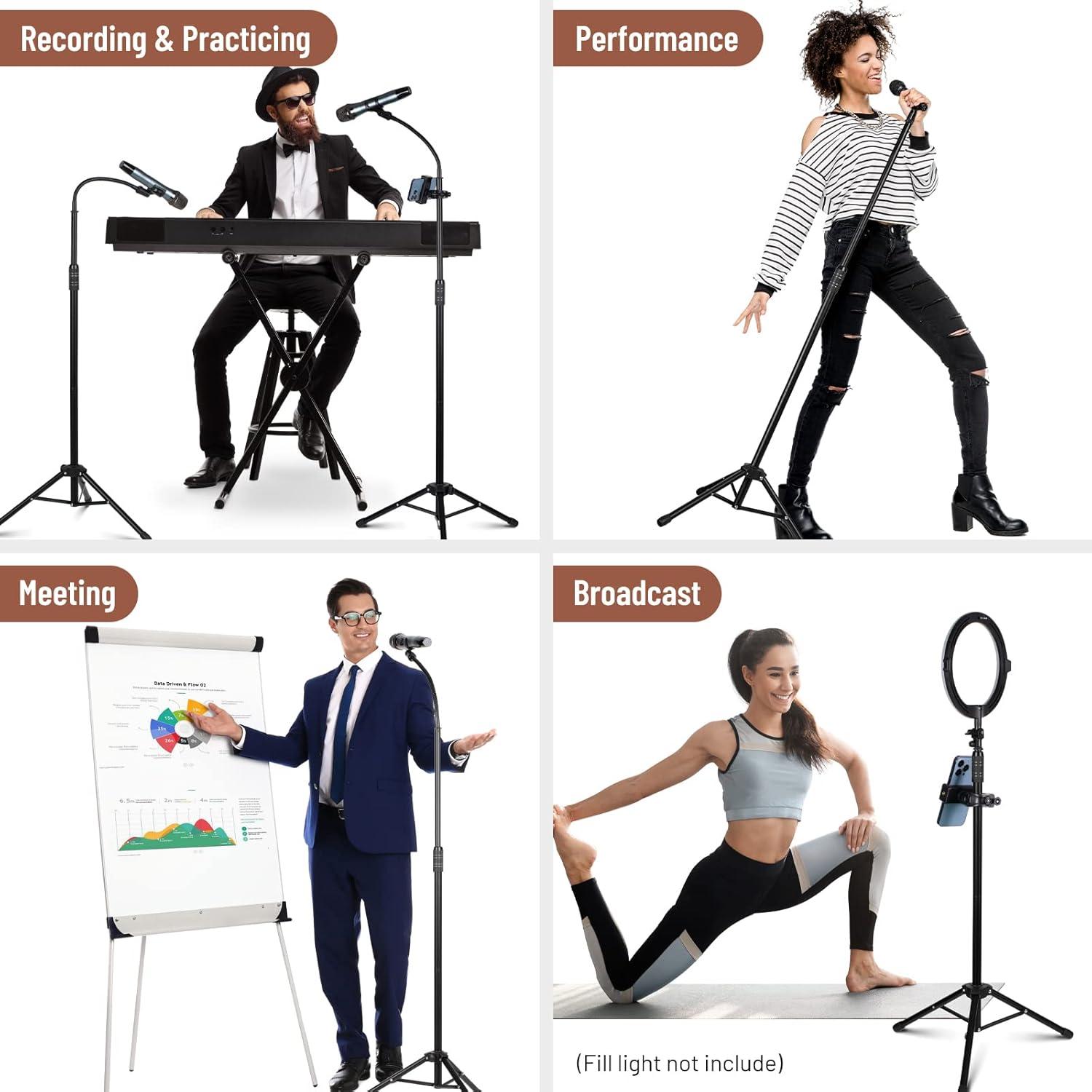 CAHAYA Dual-use Tripod Microphone Stand with Phone Holder Gooseneck Floor Mic Stand Portable with Carrying Bag and 2 Mic Clips for Singing Performance Wedding Stage Meeting Live CY0312