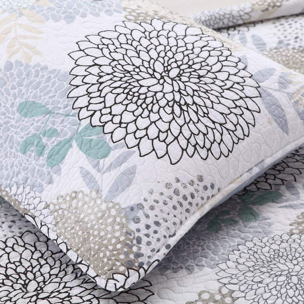 Finely Stitched Carolina Floral Quilt Set - Garden Blooms of Blue Gray Teal Taupe and Tan Flowers - King