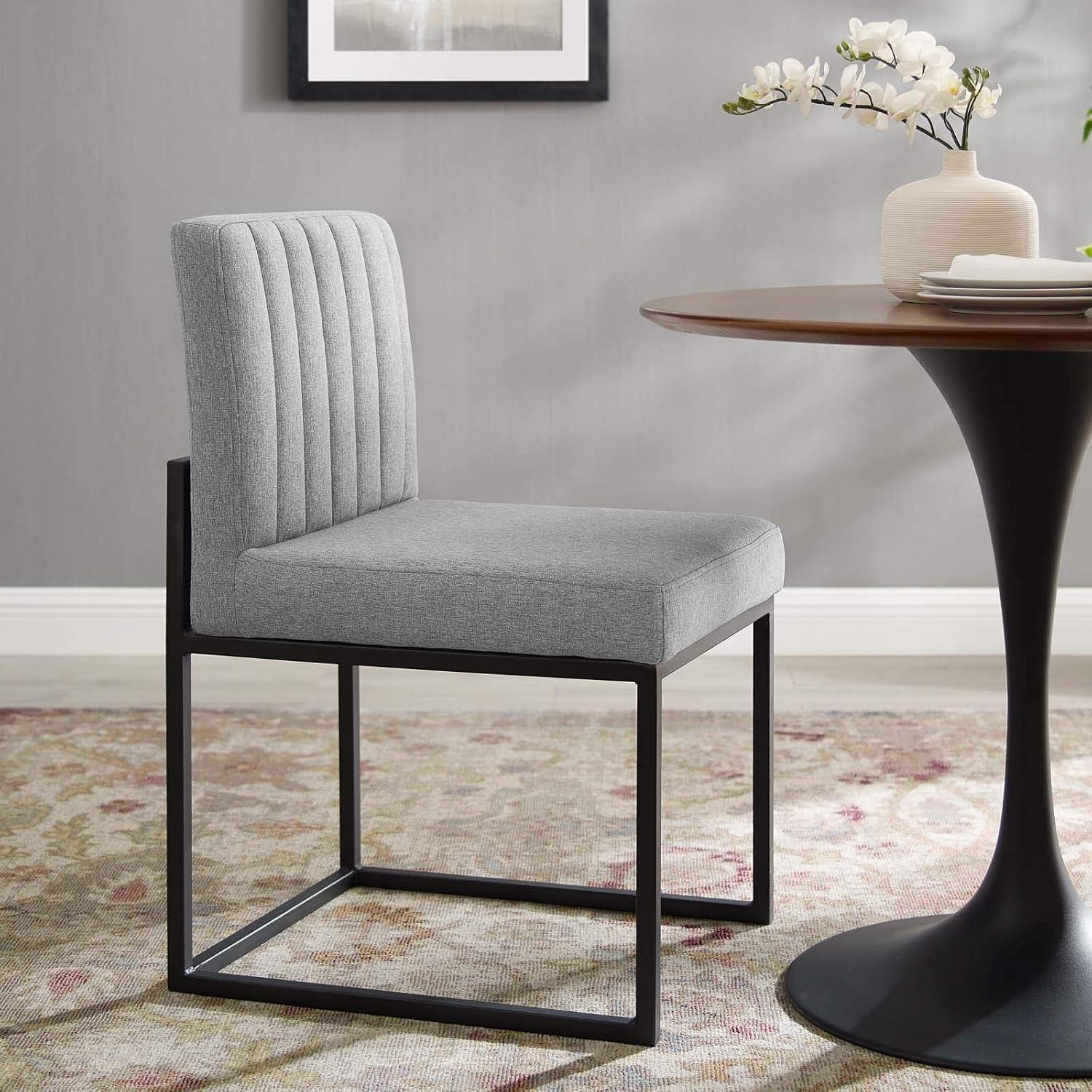 Modway Carriage Channel Tufted Sled Base Upholstered Fabric Dining Chair, Black Light Gray