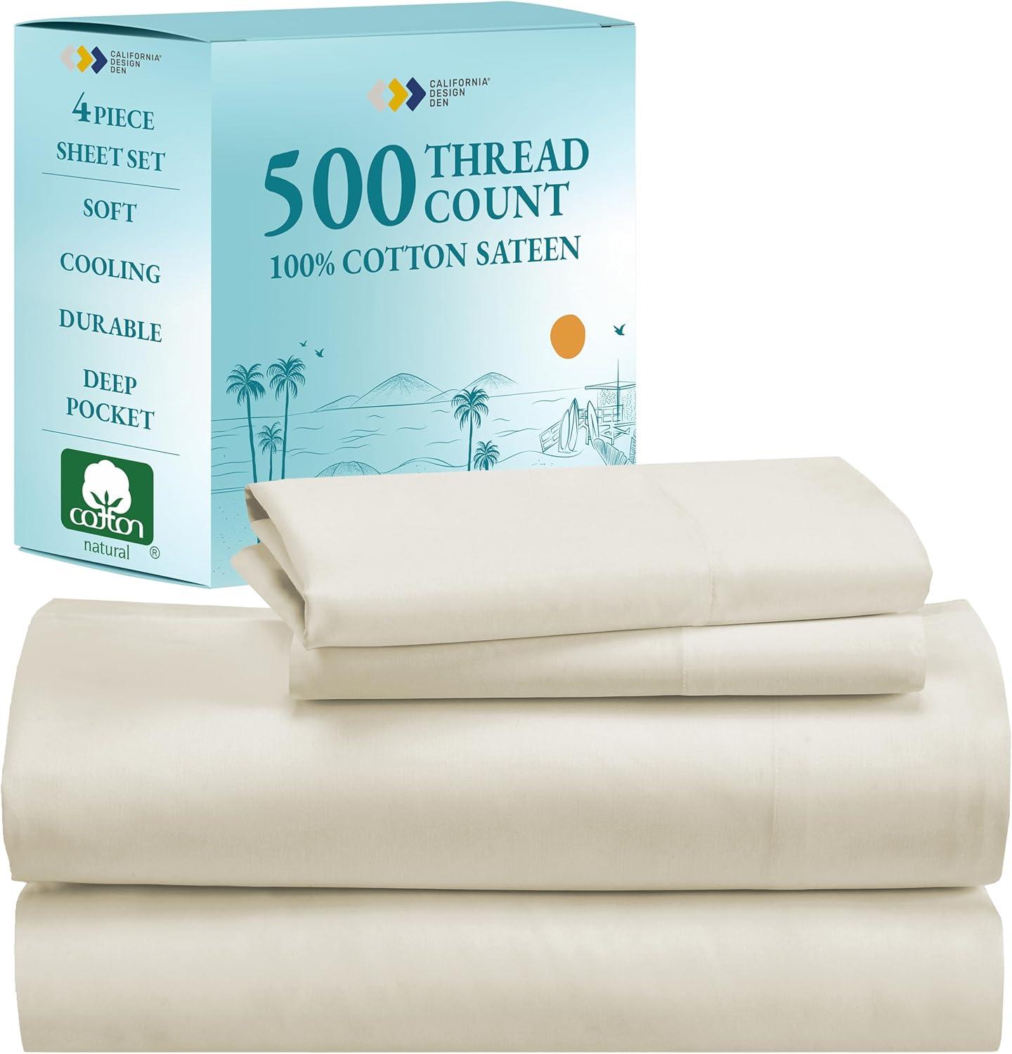 Luxury 500 Thread Count Bed Sheets Set - 100% Cotton Sateen Sheets Set, Soft, Cool & Breathable, Deep Pocket by California Design Den