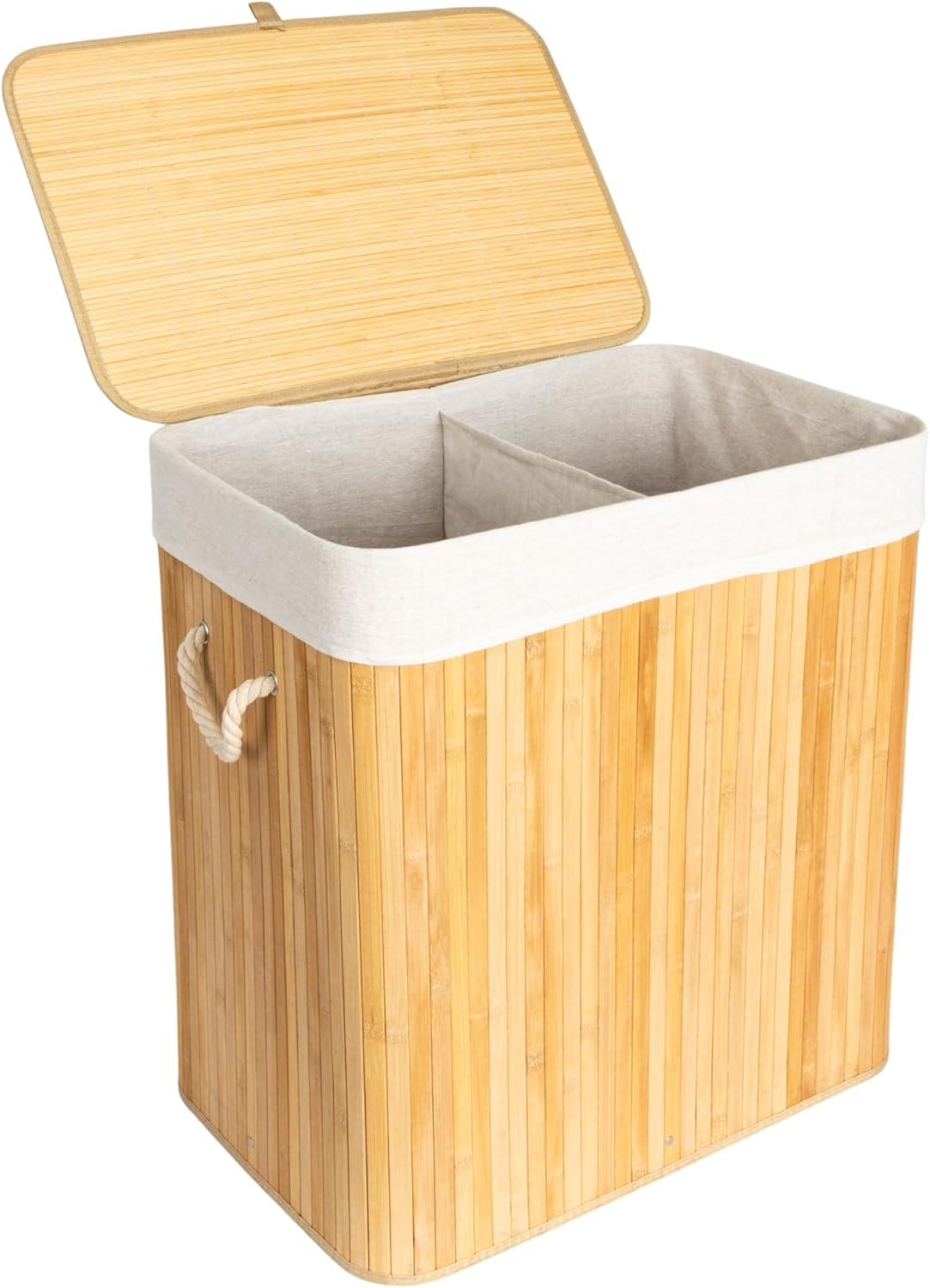 Bamboo Laundry Hamper with Rope Handles, Lid and Removable Machine Washable Laundry Bag