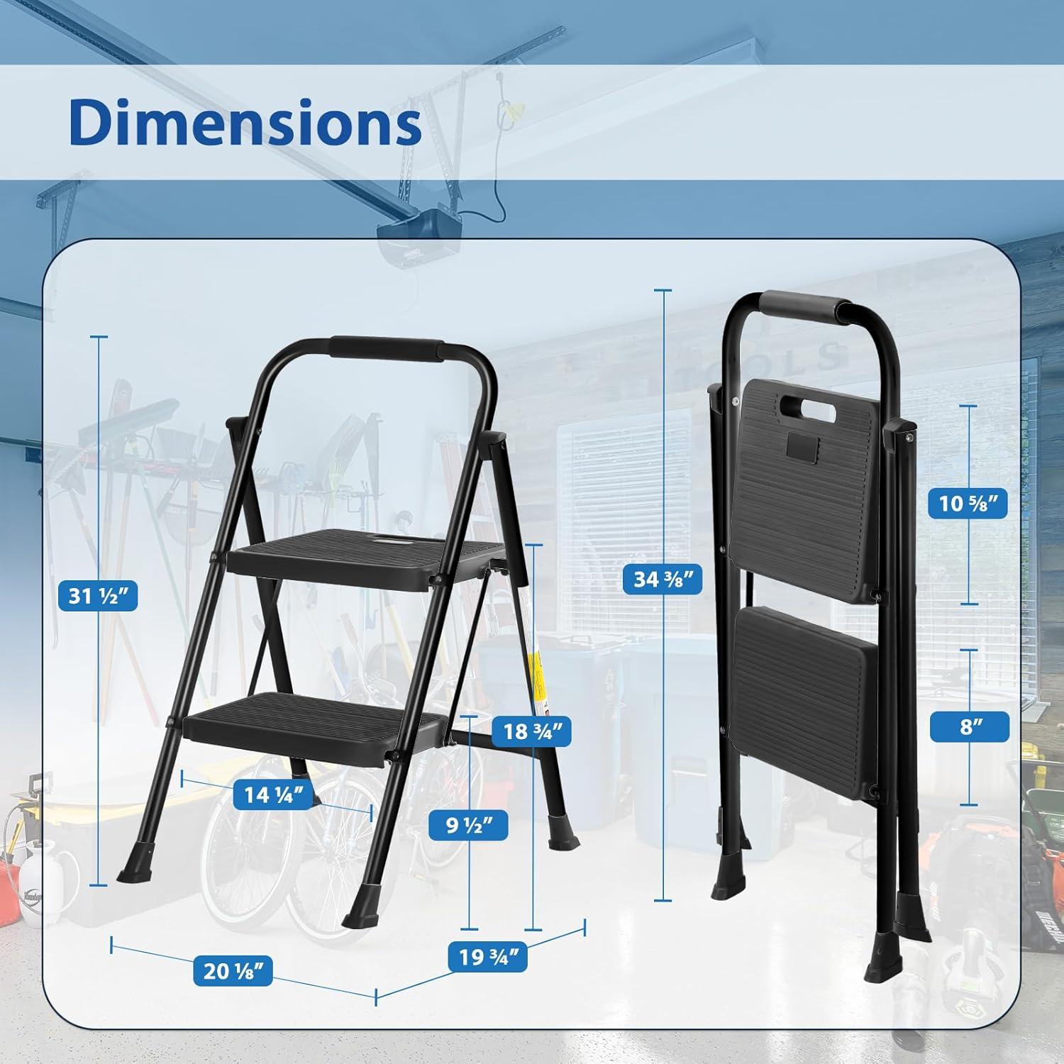 Black Steel Foldable 2-Step Ladder with Soft-Grip Handle