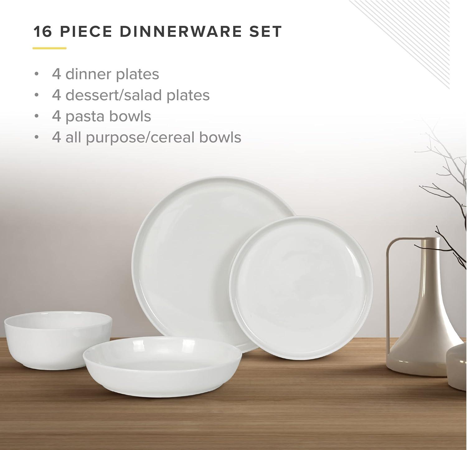 White Porcelain 16-Piece Round Dinnerware Set, Service for 4