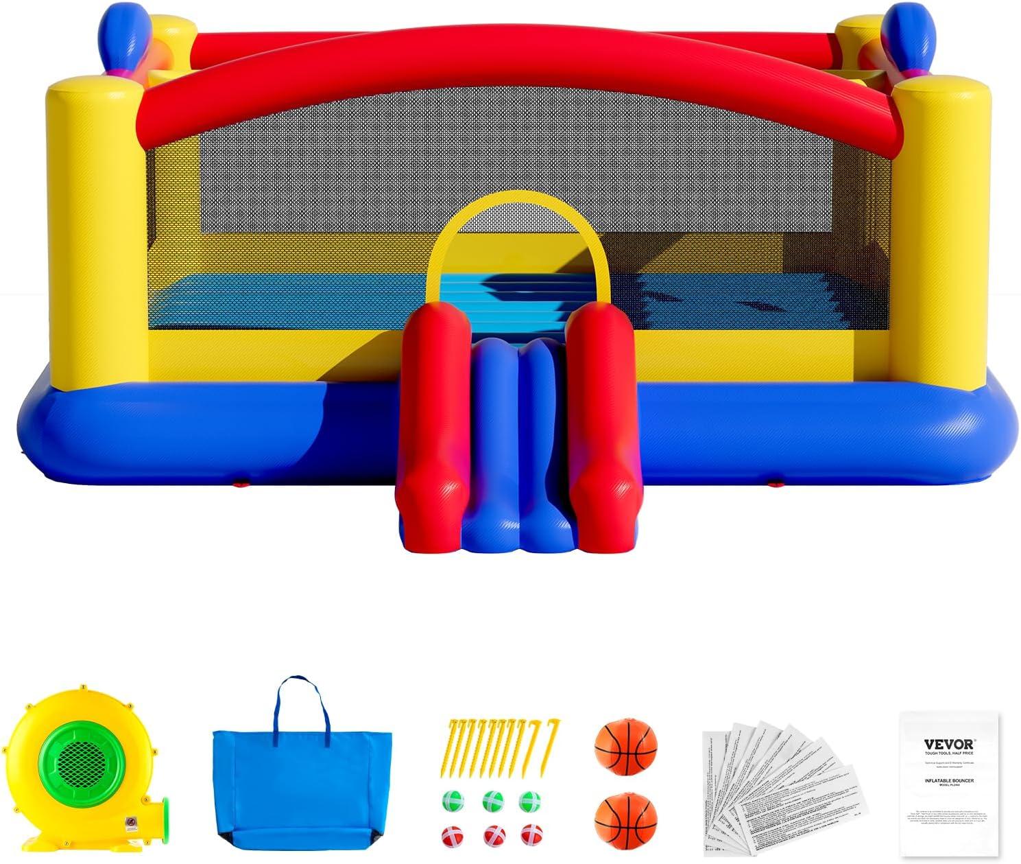 Large Multicolor Inflatable Bounce House with Slide and Basketball Hoop