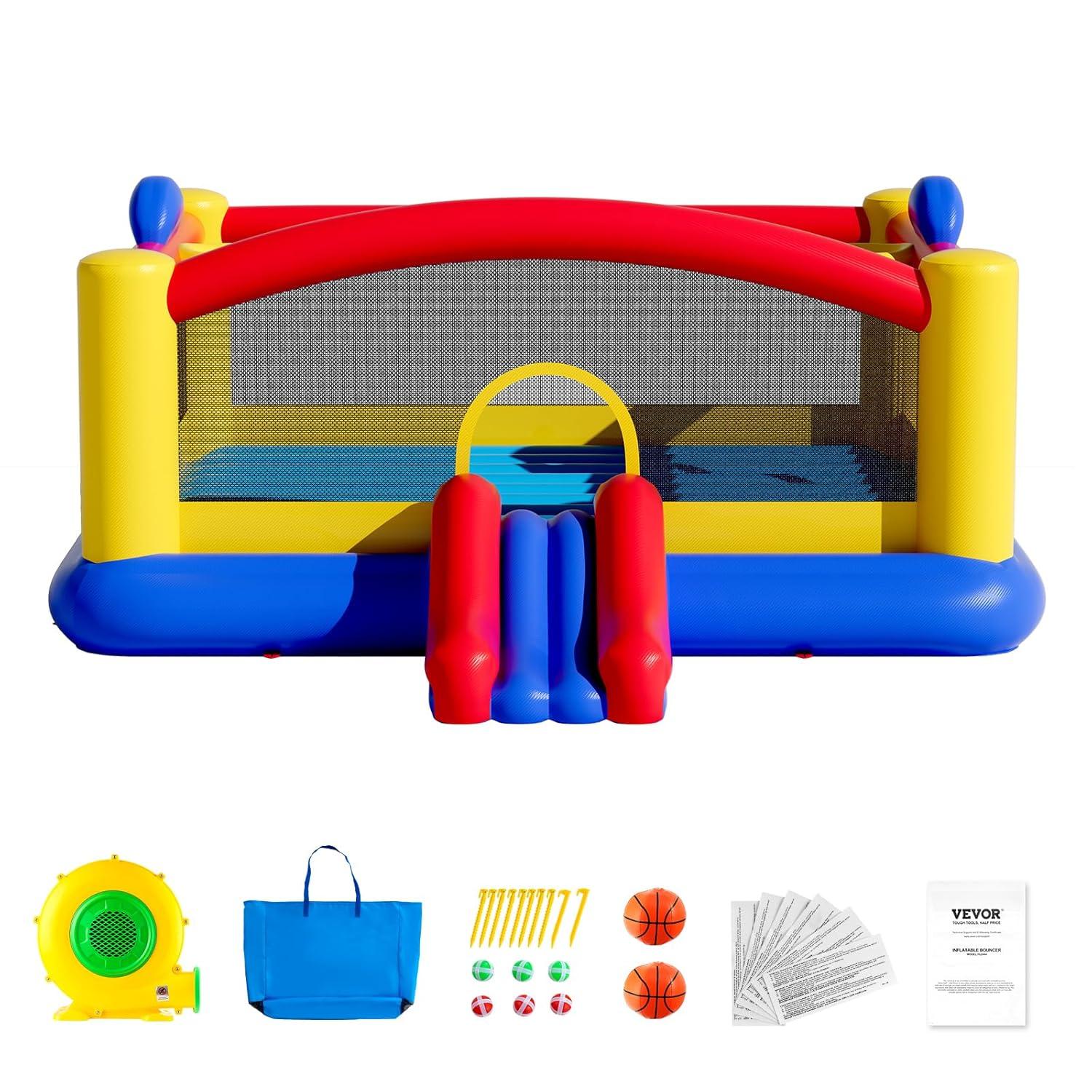 VEVOR Commercial Bounce House, Outdoor Playhouse Trampoline, Bounce House for Big Kids 8-12, with Slide, Blower and Storage Bag, Kids Toys for Birthday Party Public Park Backyard, 177x173x80 inch