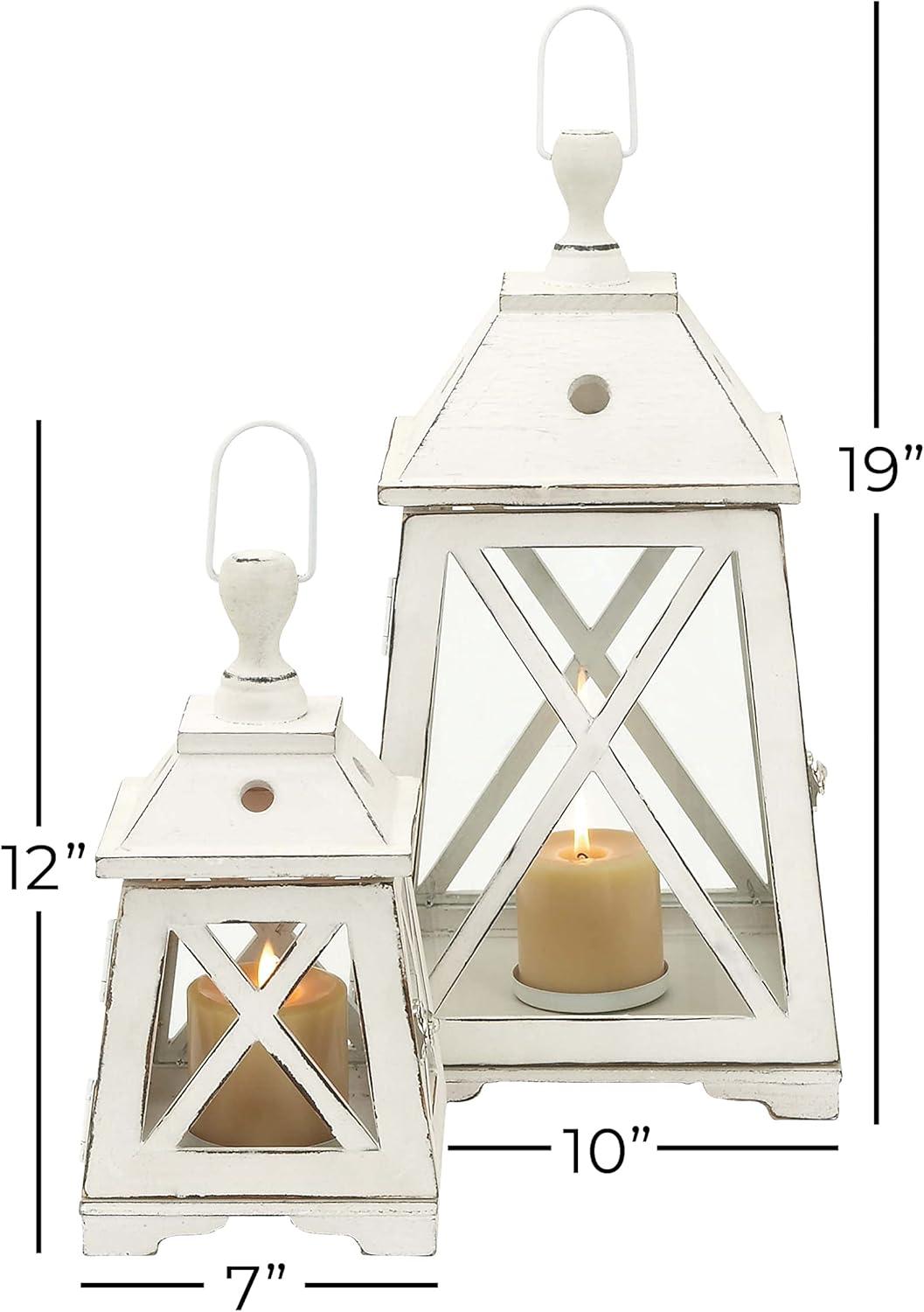 Set of 2 Trapezoid Wood/Glass Candle Holders White - Olivia & May: Elegant Lantern Design for Pillar Candles