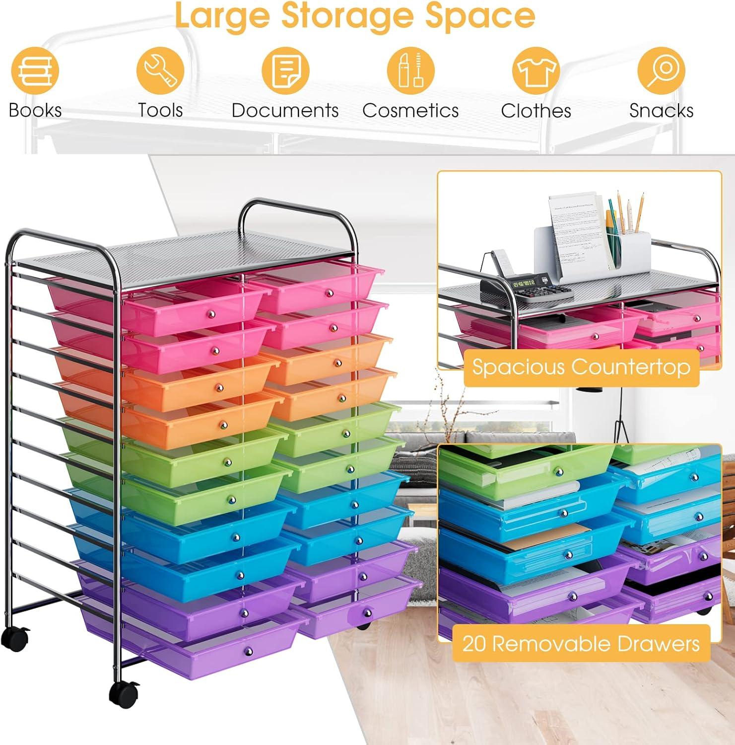 20-Drawer Organizer Cart Tools, Mobile Utility Storage Cart with Detachable Drawers & Lockable Wheels, Rolling Storage Cart with wheels for Home Office School(Multicolor)