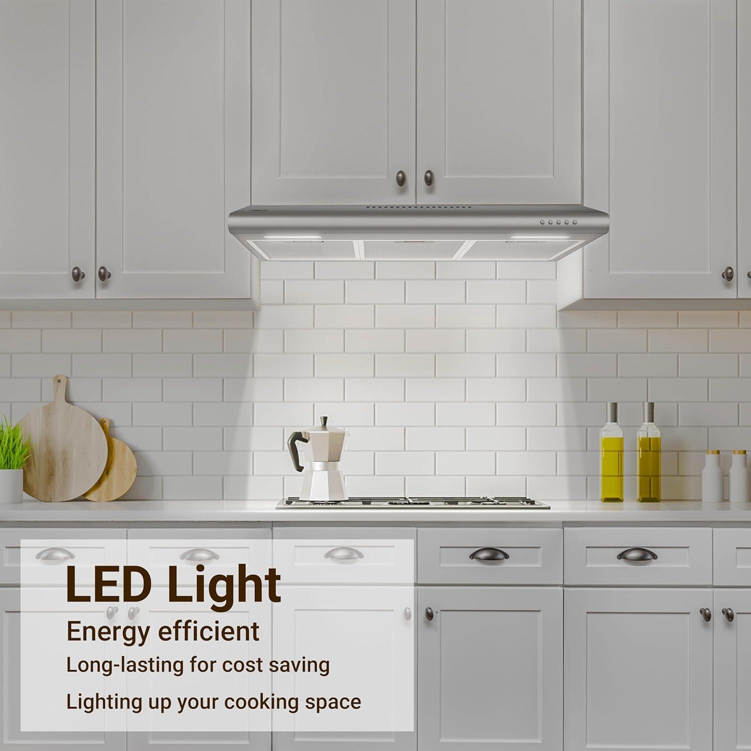 Under Cabinet Range Hood 30 inch Vent Hood for Kitchen with 3 Speed Exhaust Fan, Ducted and Ductless Convertible, Stainless Steel