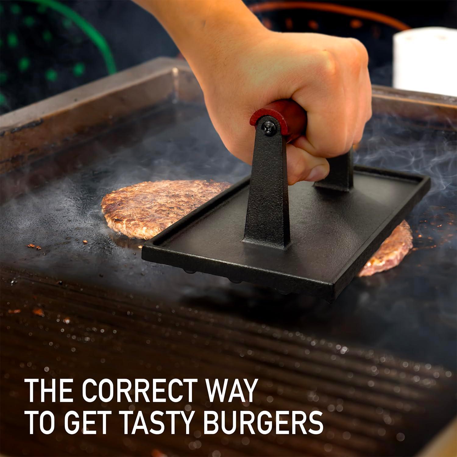 Rectangular and Round Cast Iron Grill Press with Red Wood Handle