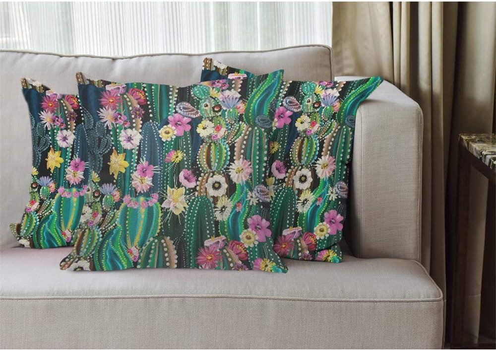 EKOBLA Watercolor Cactus Throw Pillow Cover Green Plants Succulent on Desert Exotic Blossom Cozy Square Cushion Case for Men Women Boys Girls Room Home Decor Cotton Linen 18x18 Inch