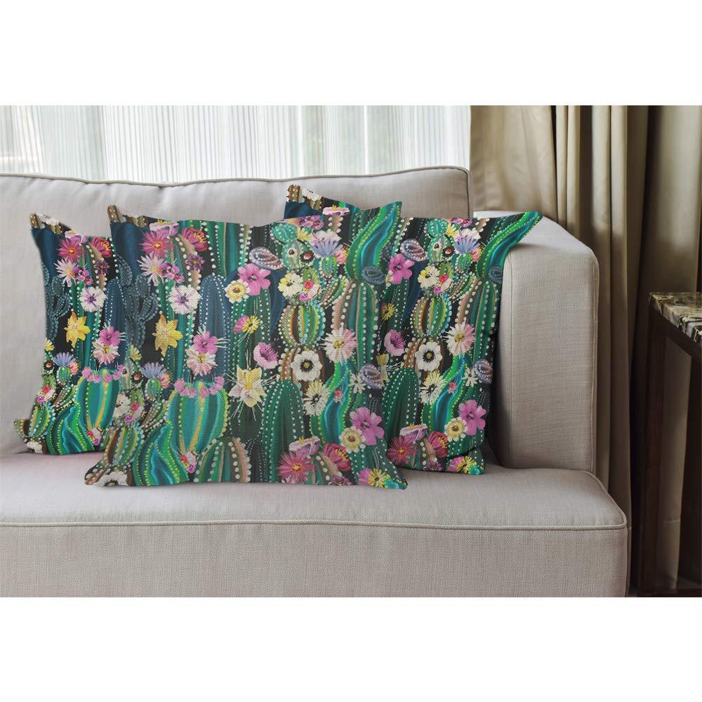 EKOBLA Watercolor Cactus Throw Pillow Cover Green Plants Succulent on Desert Exotic Blossom Cozy Square Cushion Case for Men Women Boys Girls Room Home Decor Cotton Linen 18x18 Inch