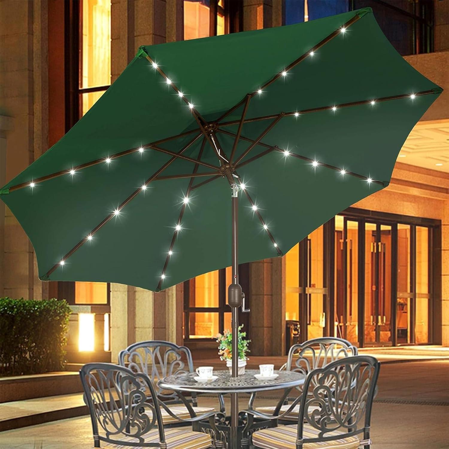 9 ft Dark Green Aluminum Market Umbrella with LED Lights