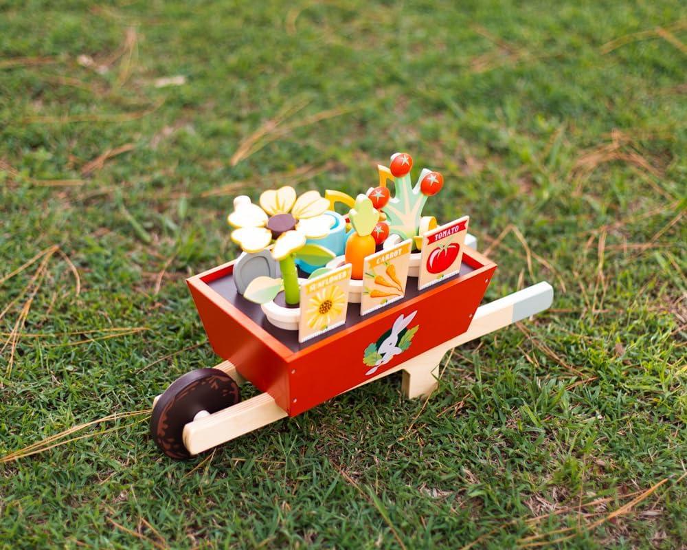 Deluxe Wooden Garden Wheelbarrow Set with Colorful Accessories