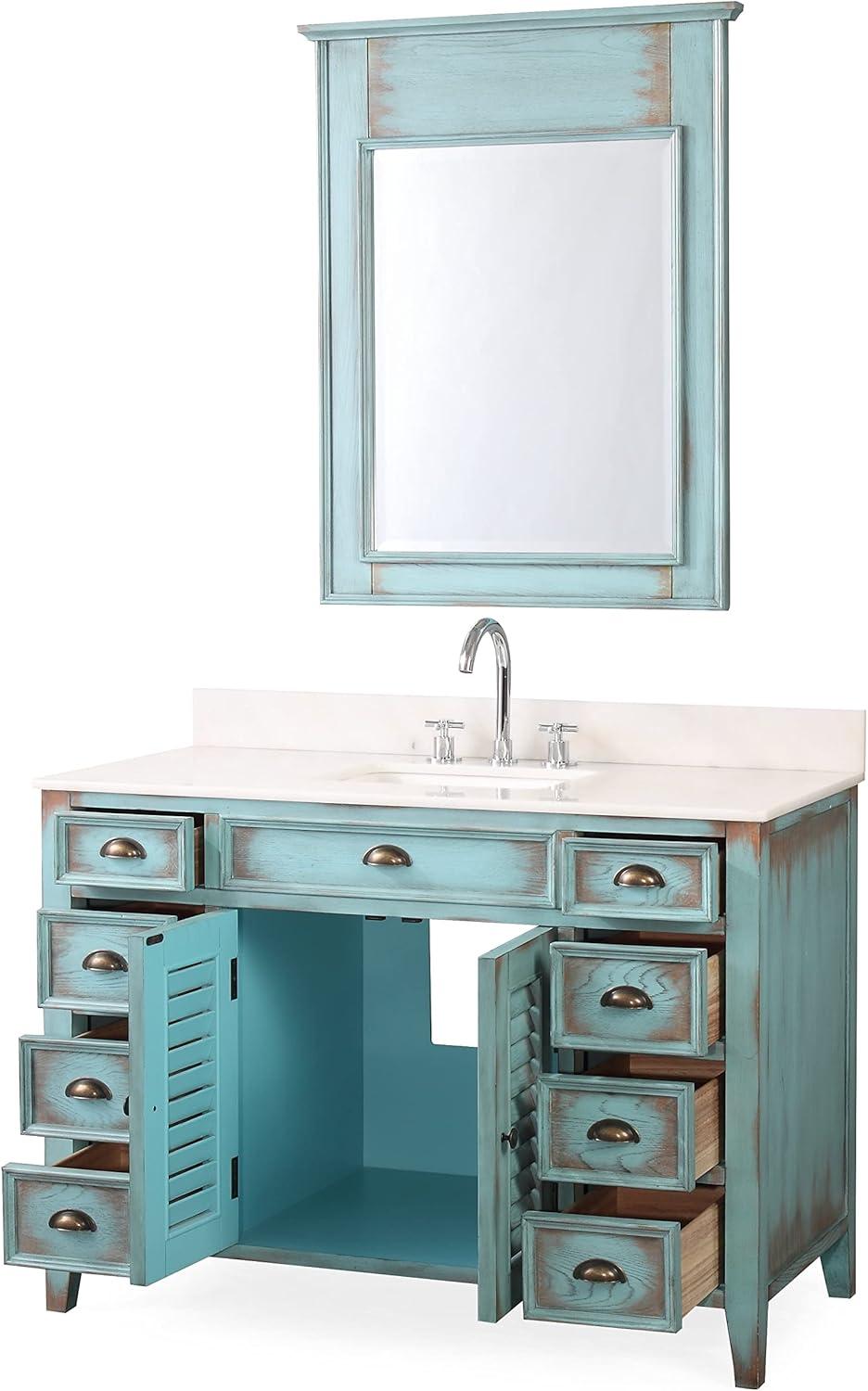 46 Inch Abbeville Distressed Blue Finish Cottage Plantation Style Bathroom Vanity with White Marble Stone Top, 4 Functional Drawers, Undermount Sink, Hardware Included