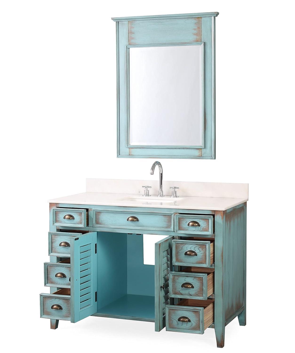 46 Inch Abbeville Distressed Blue Finish Cottage Plantation Style Bathroom Vanity with White Marble Stone Top, 4 Functional Drawers, Undermount Sink, Hardware Included