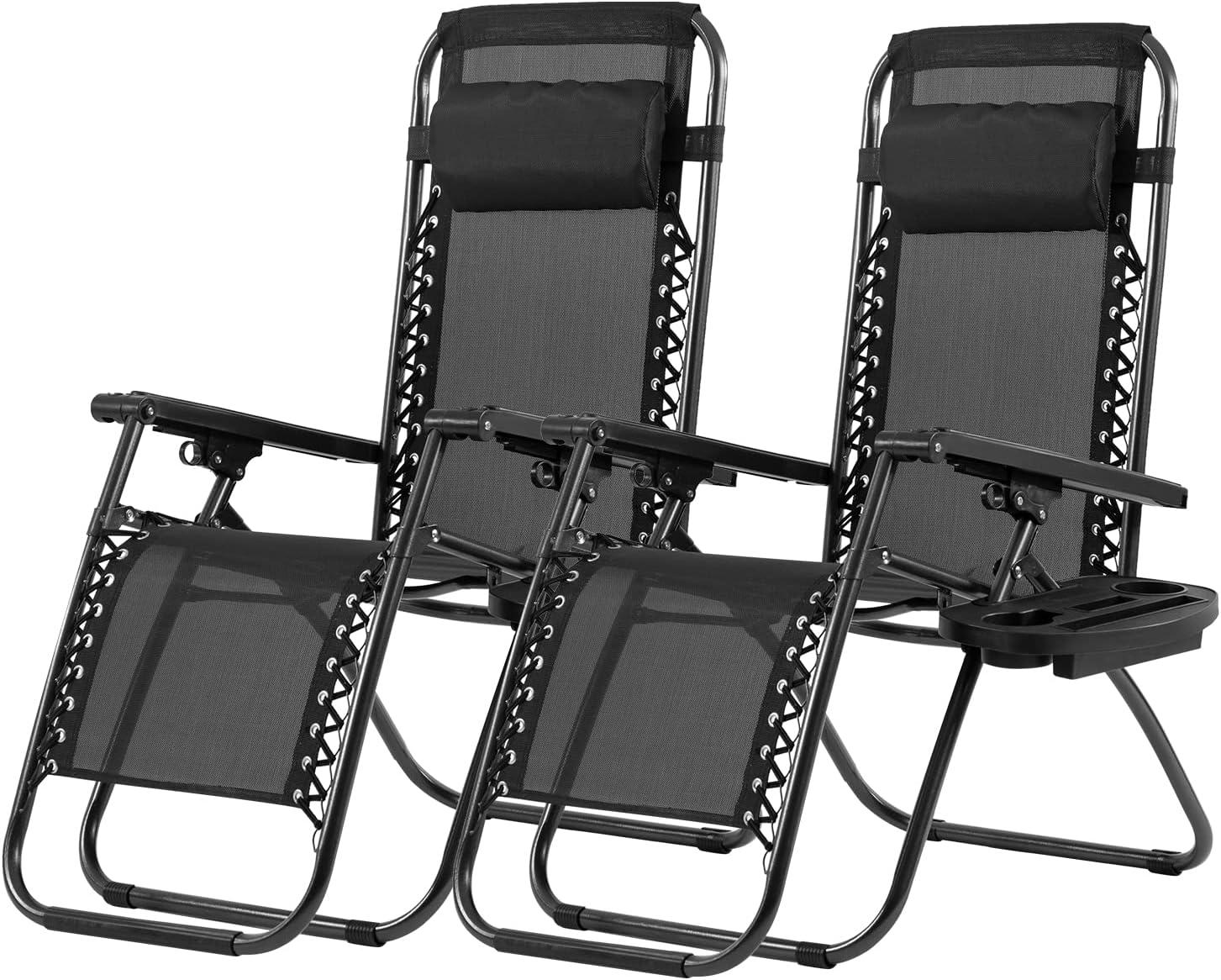 FDW Zero Gravity Lawn Lounge Chairs Set of 2 with Pillow and Cup Holder - Adjustable Reclining Folding Outdoor Chairs for Deck, Beach, Yard,Black