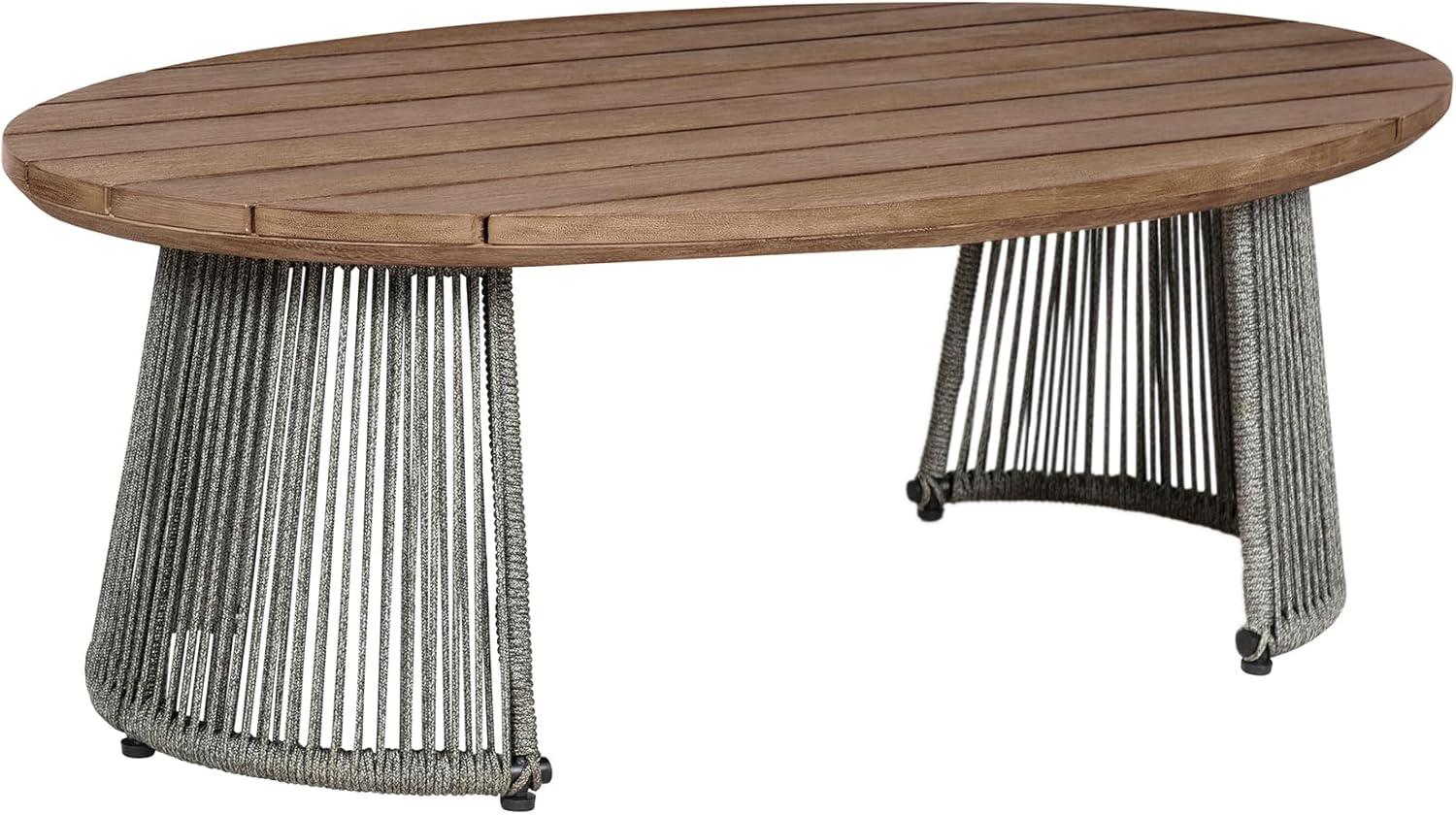 Benicia Outdoor Patio Coffee Table in Weathered Eucalyptus Wood and Gray Rope