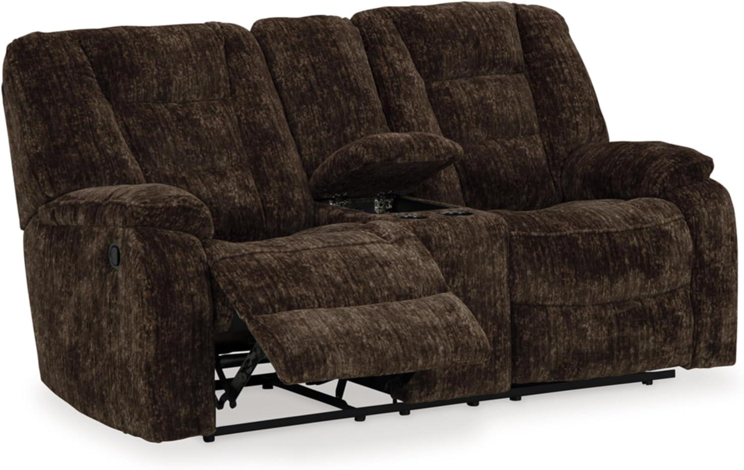 Brown Velvet Manual Reclining Loveseat with Storage and Cup Holders