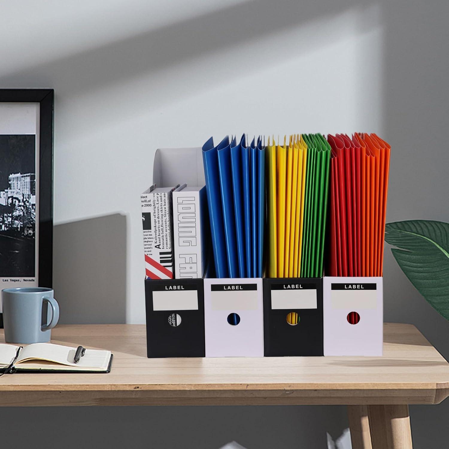 HUAPRINT Magazine File Holder(12 Pack,White)-Folder Holder,Desk File Organizer,Document Holder Box,Magazine Storage Box,With Labels