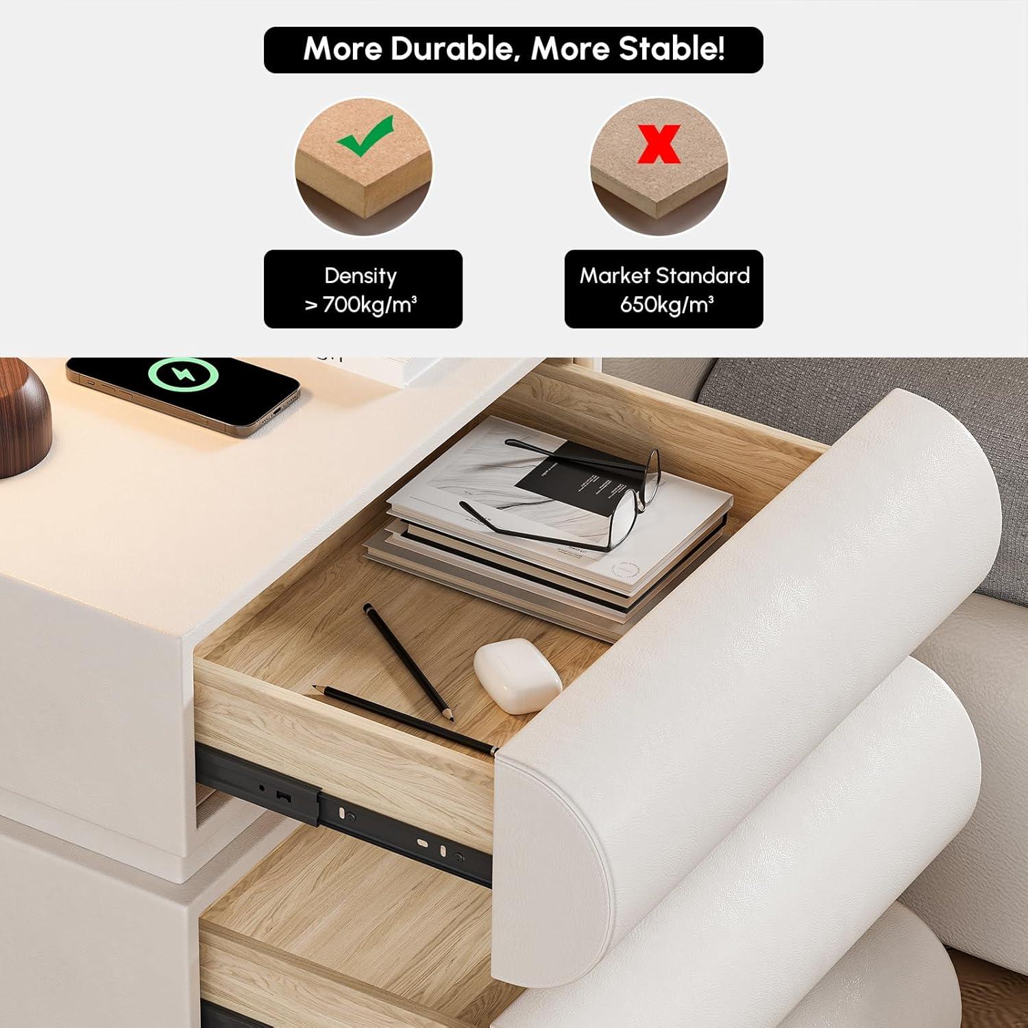 Humply Modern Leather Smart Nightstand with Wireless Charger Drawers Bedside Table