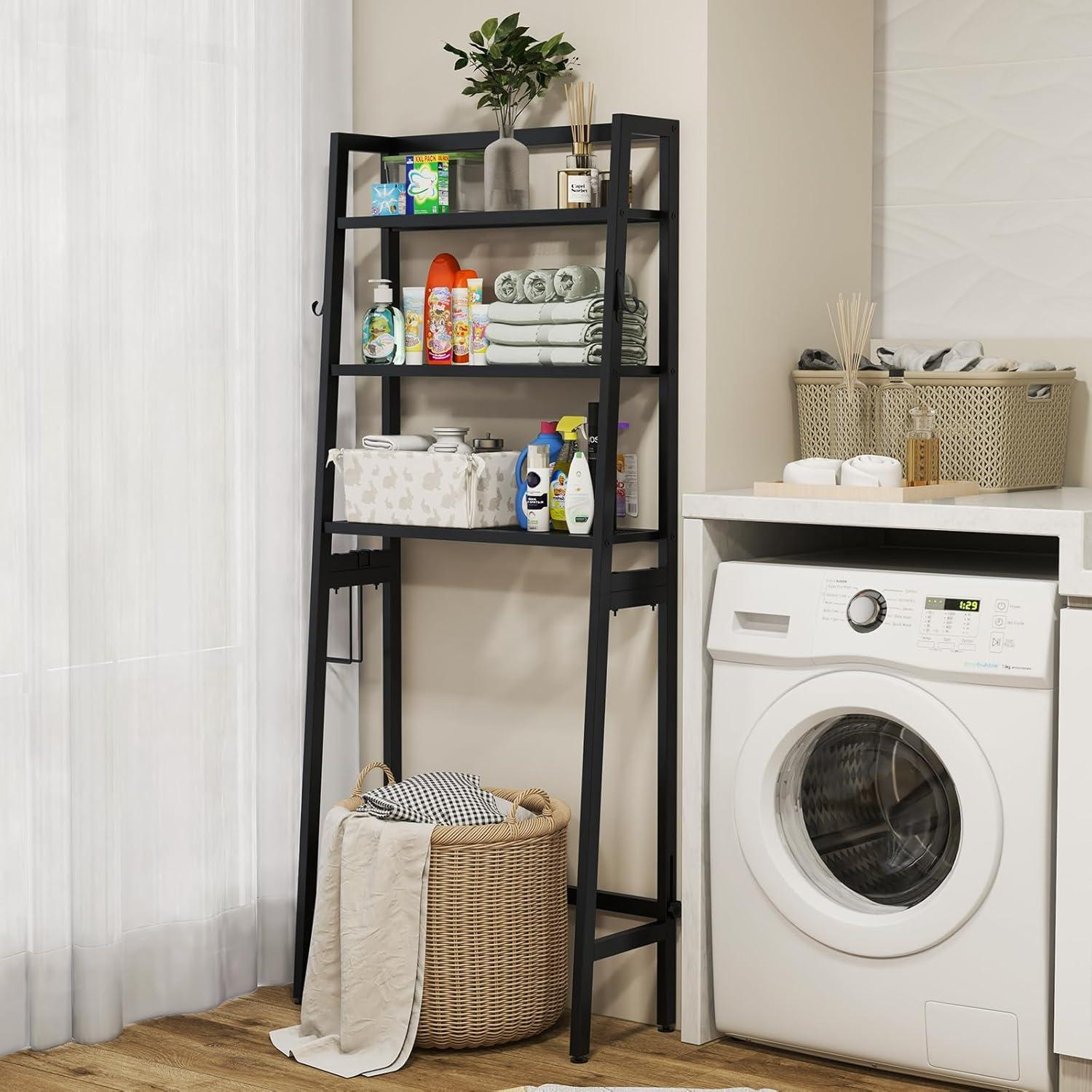 Tangkula Over-the-Toilet Storage 3-Tier Freestanding Bathroom Organizer Shelf w/ 2 Hanging Hooks & Toilet Paper Holder Black