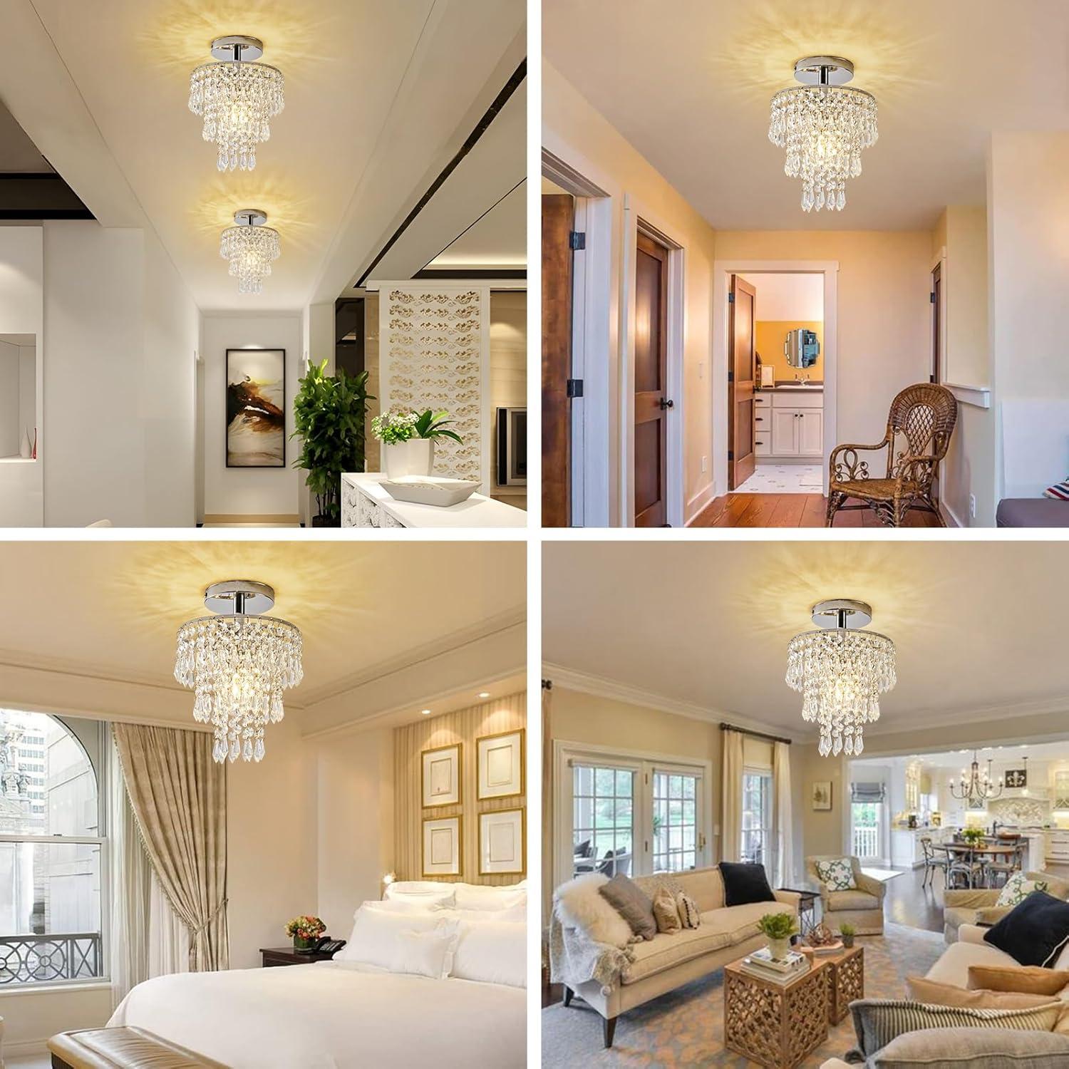 Modern Mini Crystal Chandelier, 3-Tier Raindrops Design Small Chandelier Light Fixture, Flush Mount Ceiling Light Fixture for Bedroom, Hallway, Living Room - E26 Base, Chandelier for Bedroom (Gold)