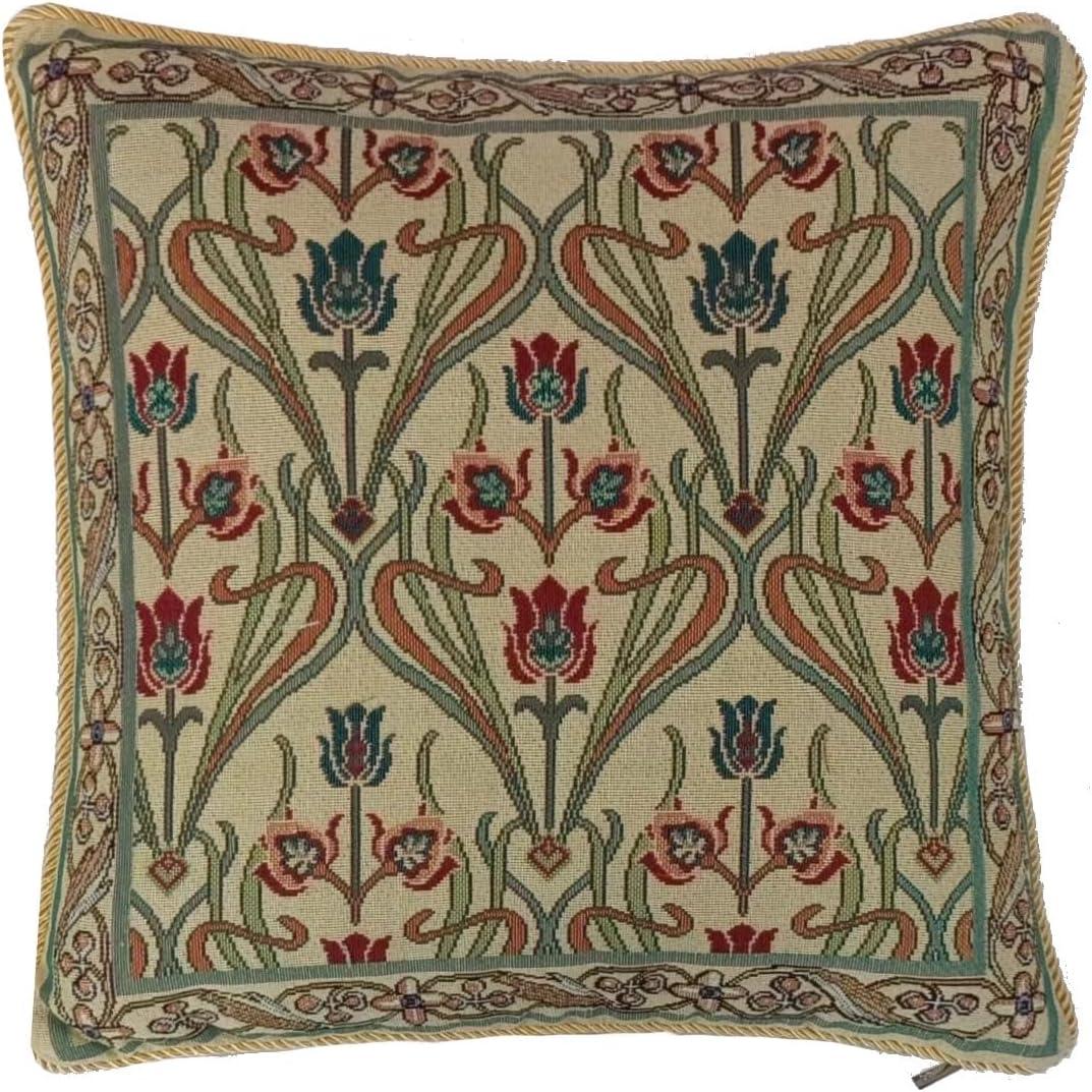 Beige Art Nouveau Floral Tapestry Pillow Cover