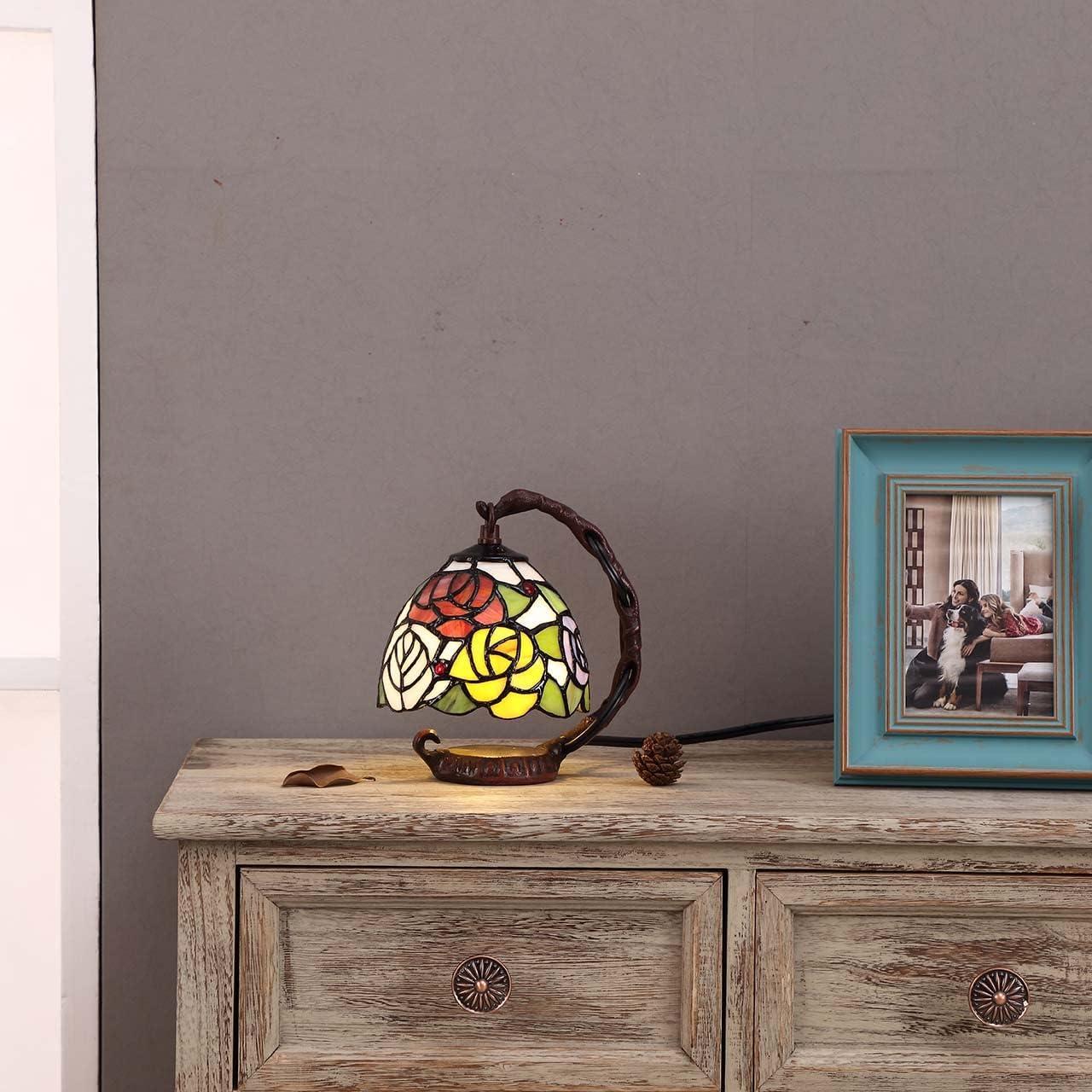 World Menagerie Rose Tiffany Style Stained Glass Table Lamp With 6-Inch Wide Lampshade Hanging On The Cast Iron Base (Pink)