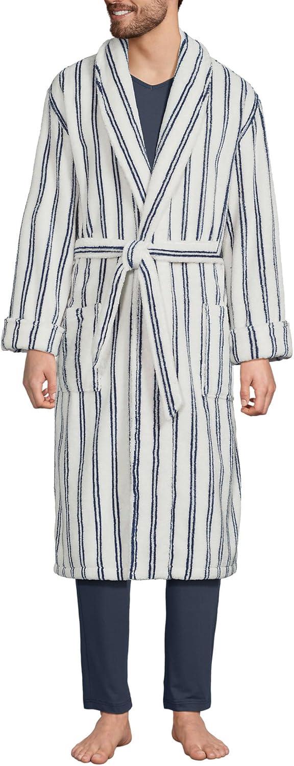 Lands' End Men's Calf Length Pattern Turkish Terry Robe - Large - Egret White Double Stripes