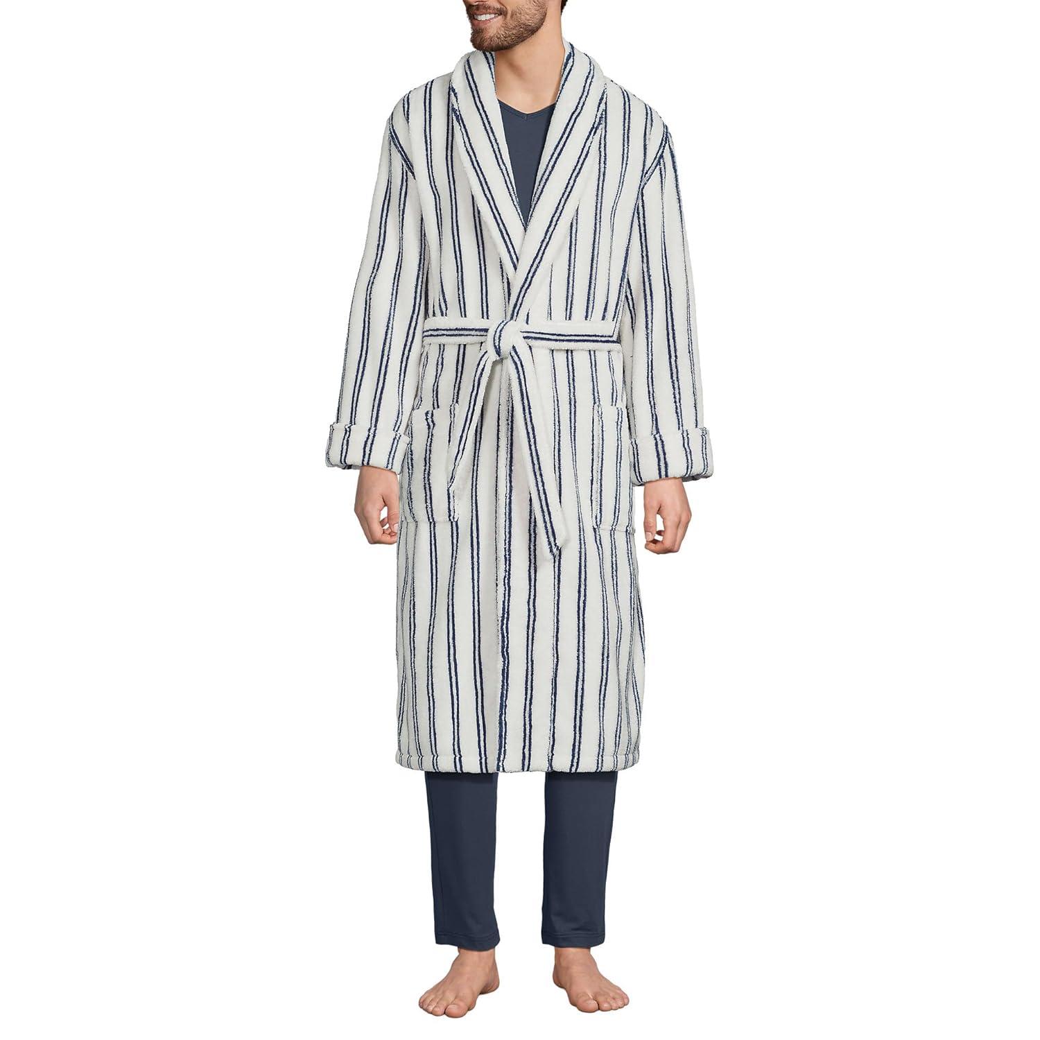 Lands' End Men's Calf Length Pattern Turkish Terry Robe - Large - Egret White Double Stripes