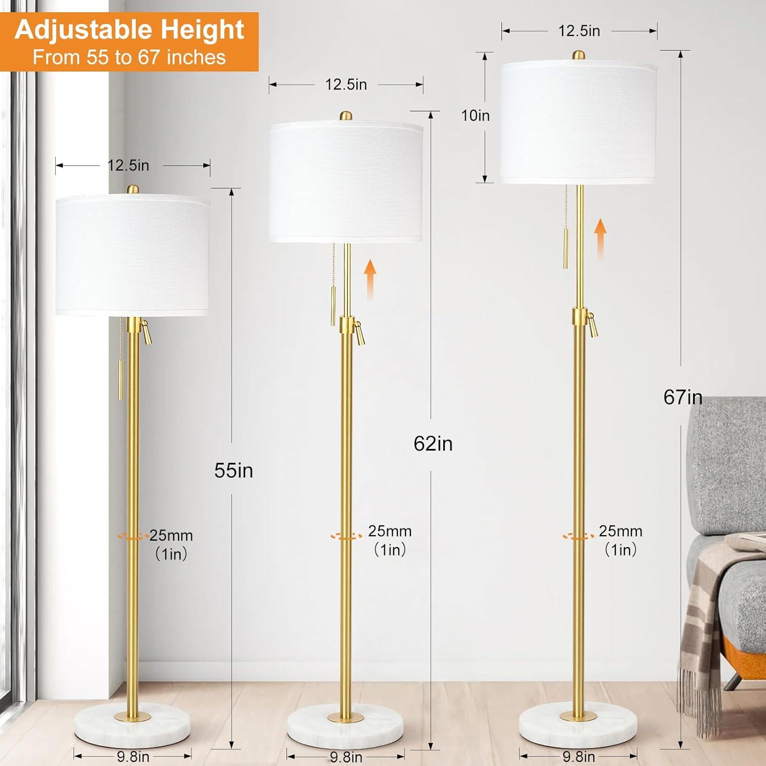 Adjustable Gold Floor Lamp with Marble Base and White Linen Shade