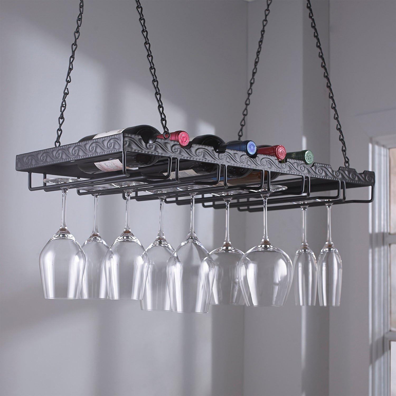 8 Bottle Hanging Wine Bottle and Glass Rack