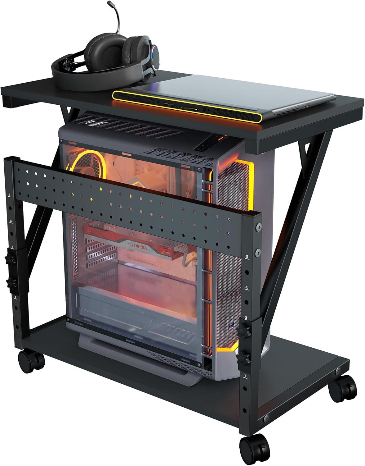 Computer Tower Cart - Height Adjustable PC Stand, 2-Tier ATX-Case CPU Holder Home Office Gaming Desk Accessories with Rolling Lockable Wheels, Laptop Table Standing Computer Desk, Rustic Black