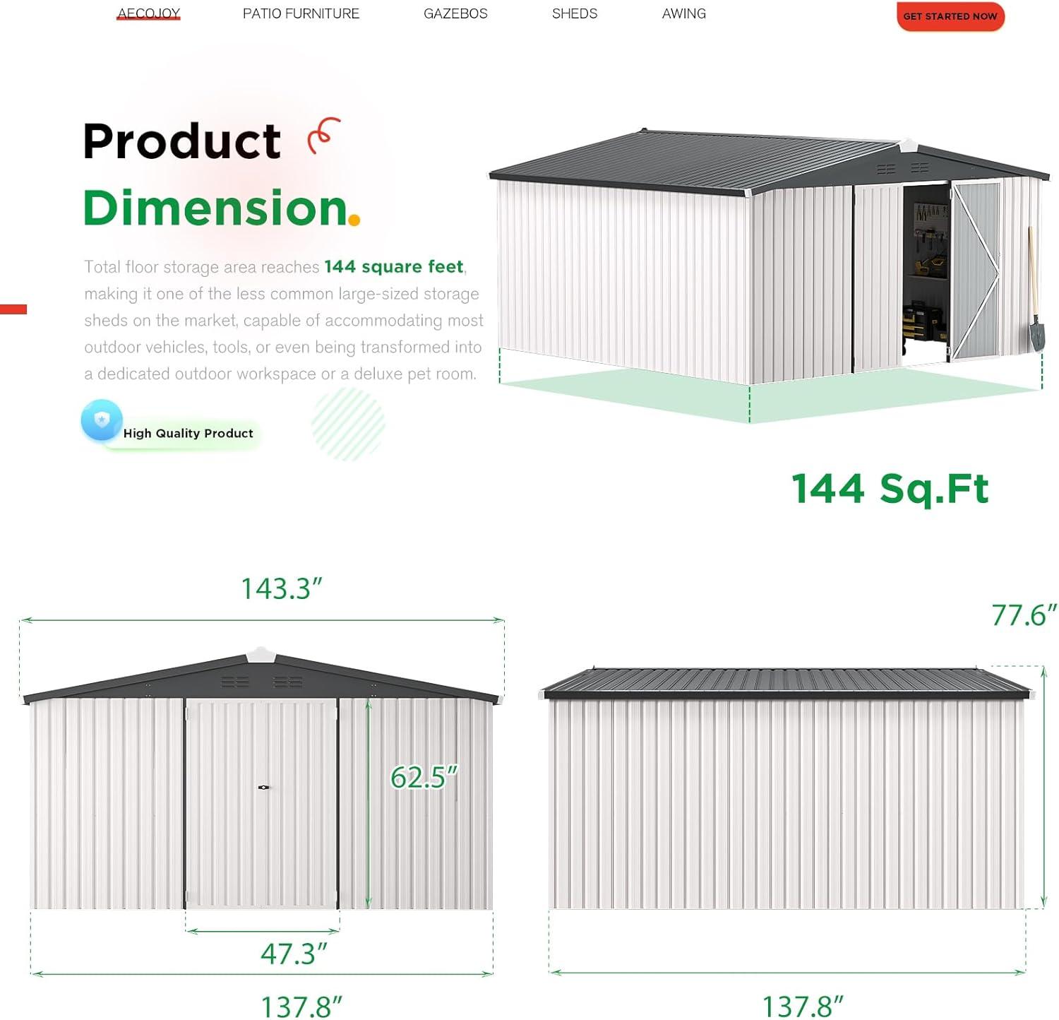 AECOJOY 12' x 12' Outdoor Storage Shed with Lockable Door Patio Metal Garden Storage Building in White for Outside