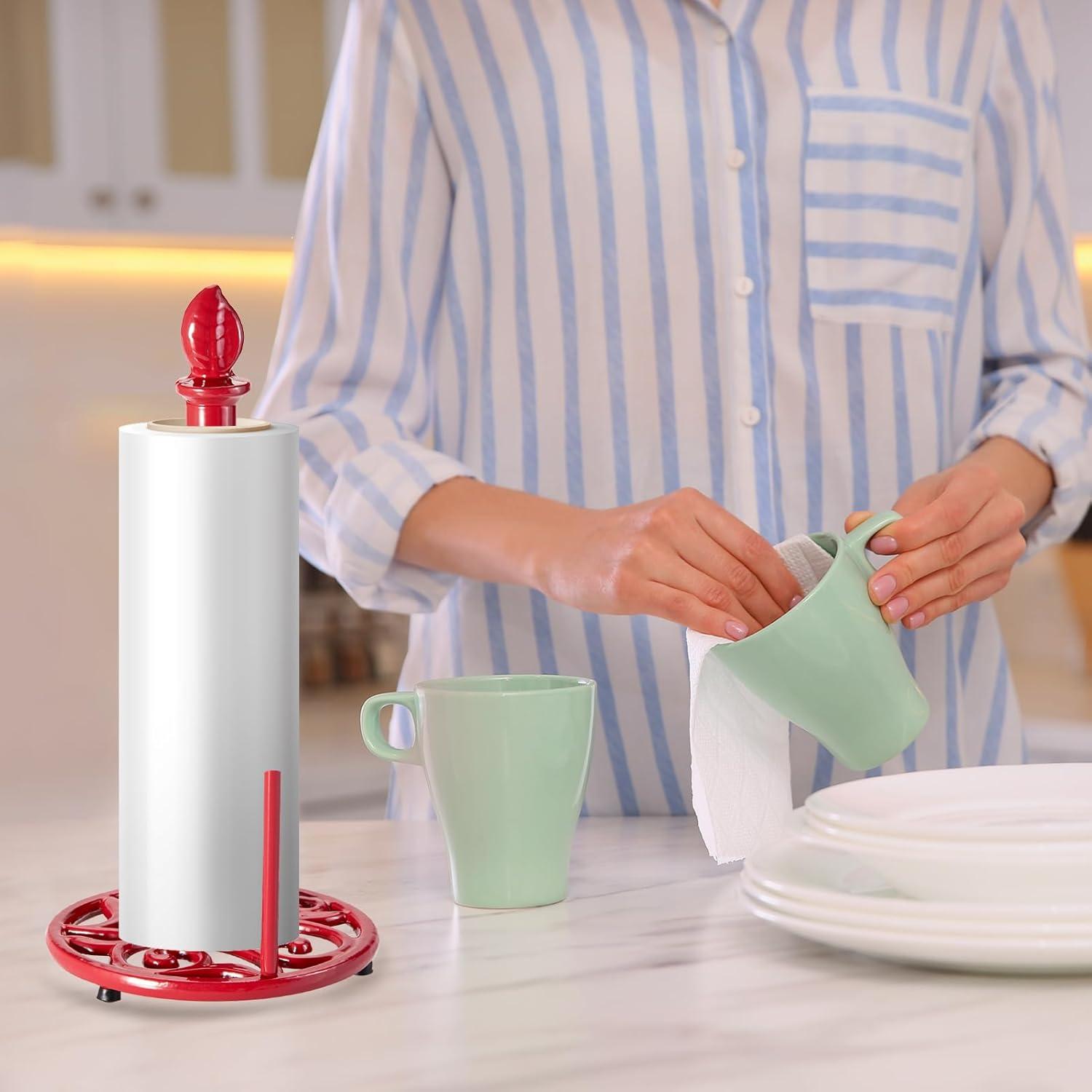 JOGREFUL Paper Towel Holder Stand, Cast Iron Kitchen Paper Towel Countertop Vintage Stand with Weighted-Base, Bathroom Organization for Family Standard Large Size Roll Paper, Mistletoe Base, Red
